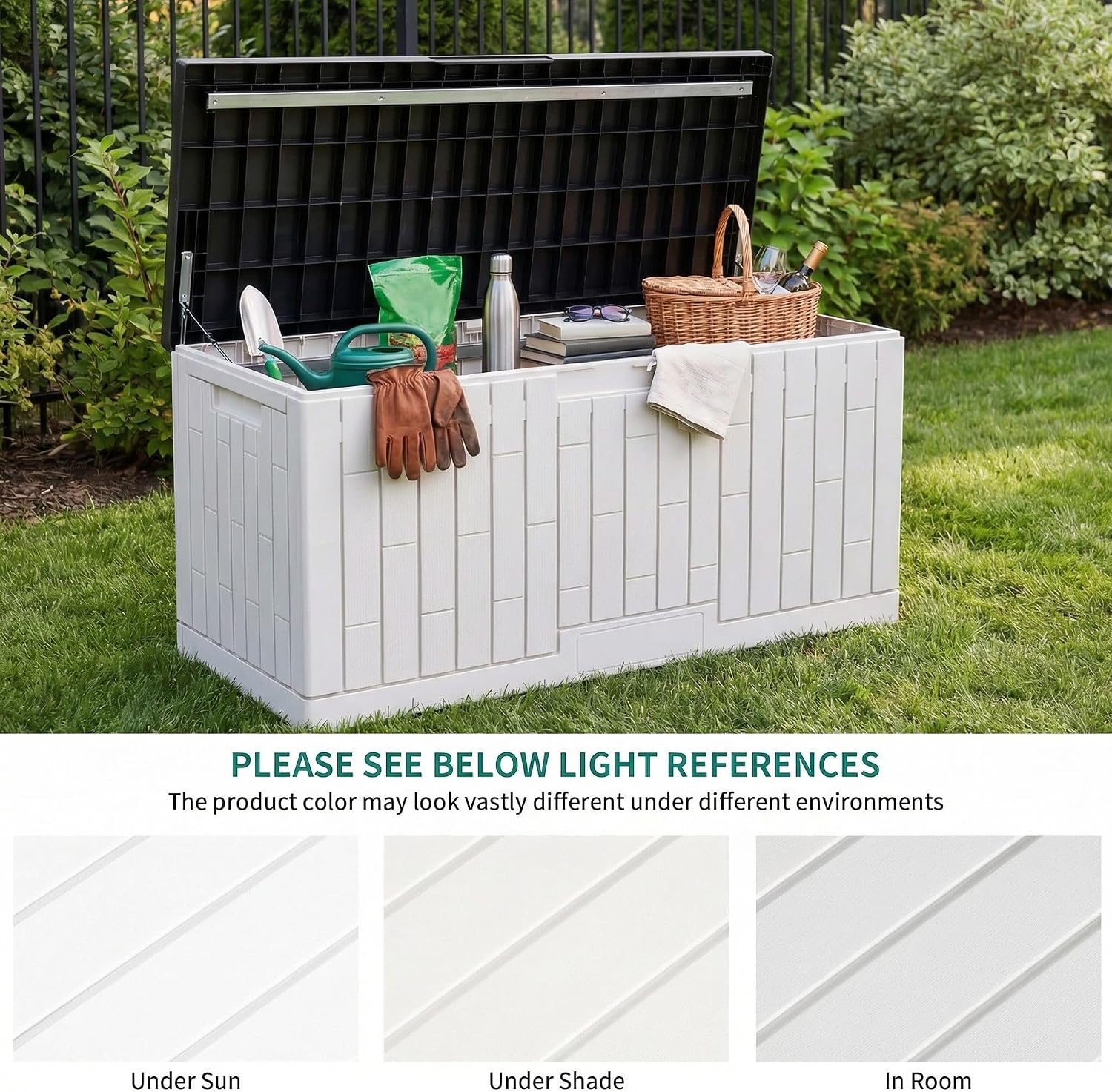 YITAHOME 120 Gallon Outdoor Storage Deck Box, Large Resin Patio Storage with Slide-Locking Black Lid, 2-Person Bench Seat for Outdoor Pillows, Garden Tools & Pool-Supplies, Waterproof, Grayish-White