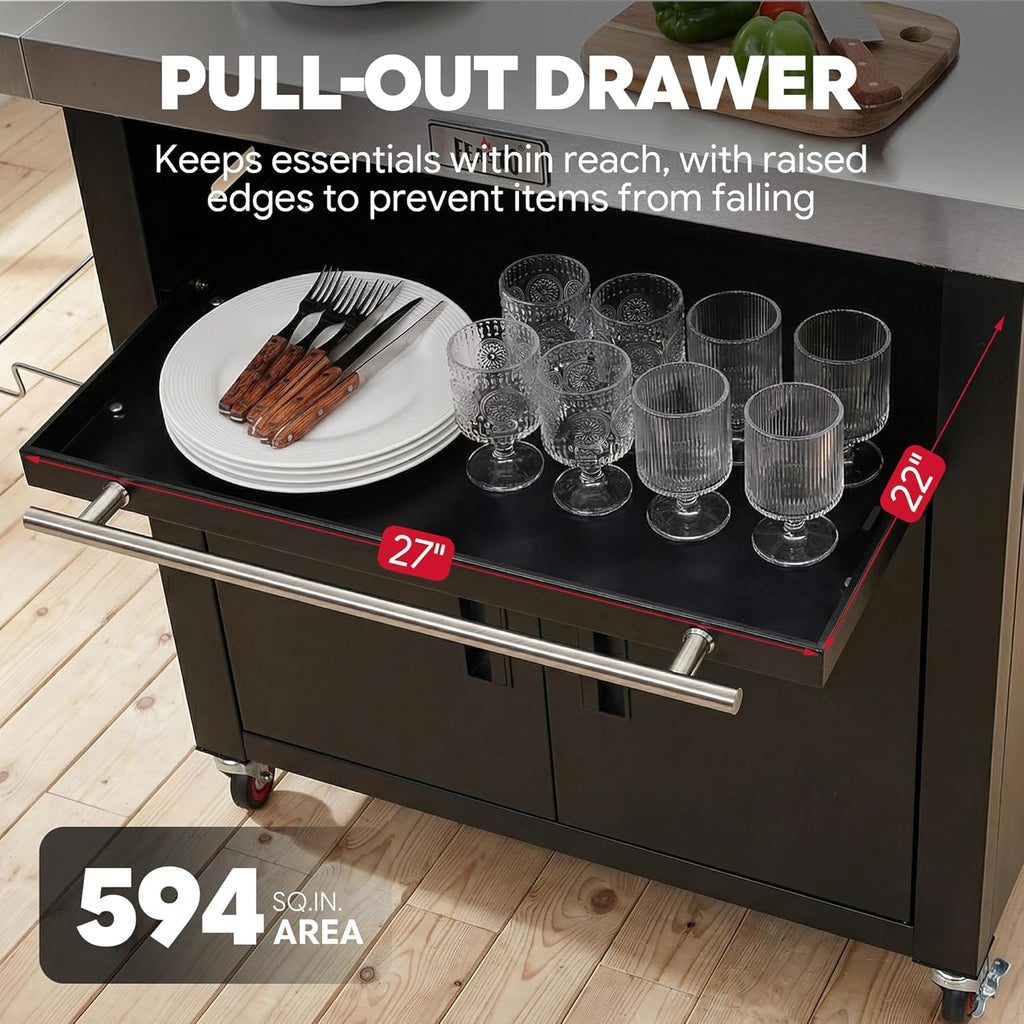 Outdoor Kitchen Island with Cabinet, Outdoor Grill Table with Stainless Steel Top for Pizza Oven& Griddles, Movable Bar Cart with Pull-Out Plate for Parties& Gathering, Heavy-Duty, L74'x W24'