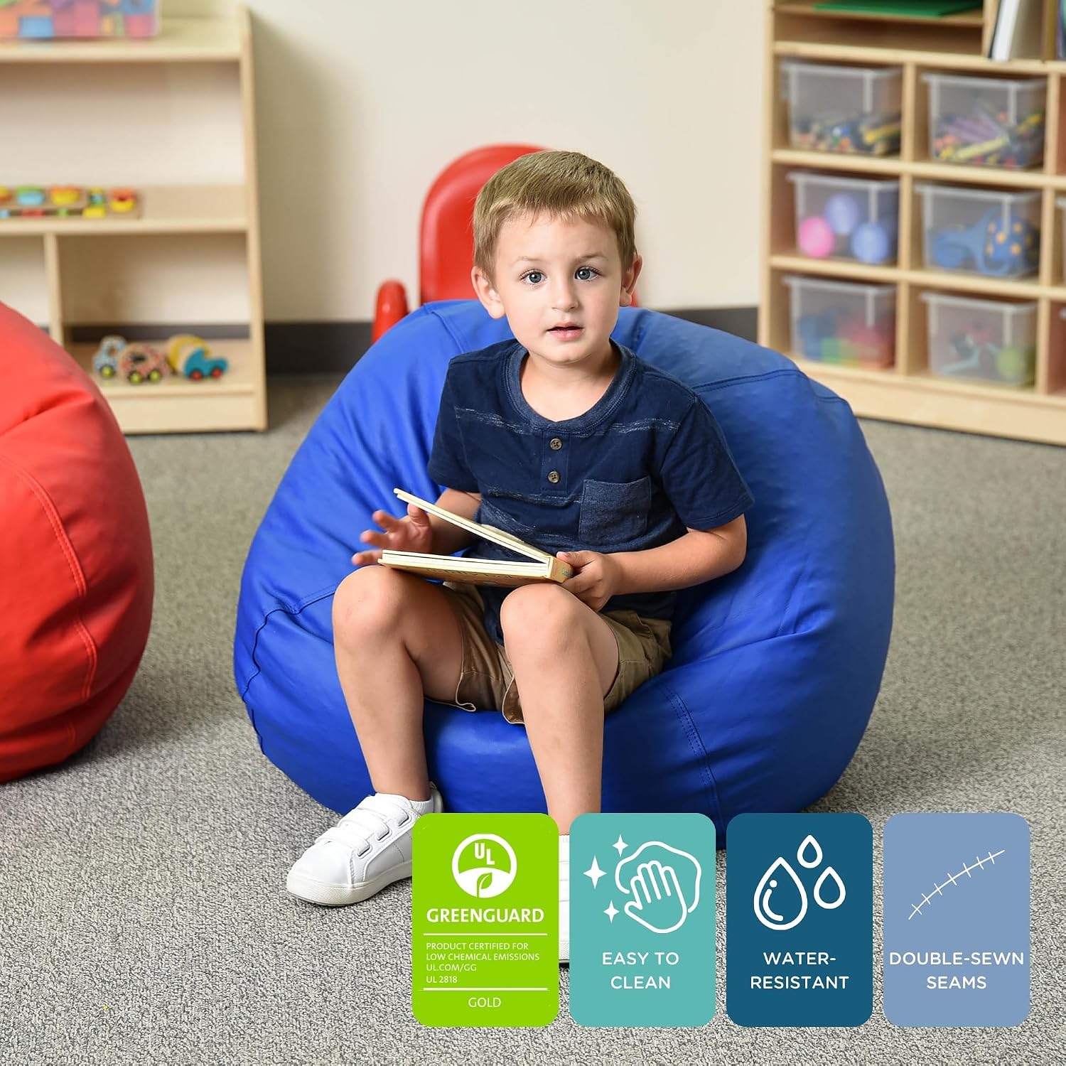 Children's Factory 26' Round Bean Bag, Bean Bag Chair with Water-Resistant Cover for Kids, Flexible Seating for Classroom Elementary, Easy to Clean, Blue