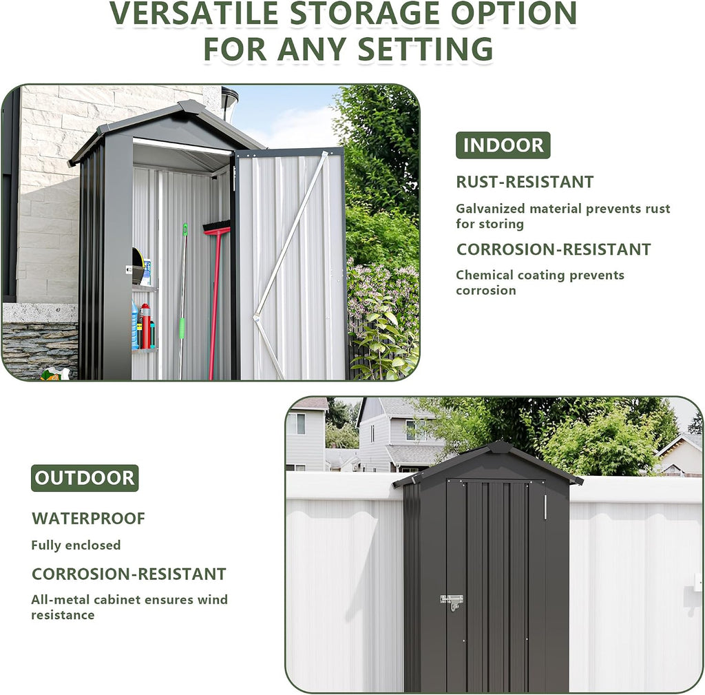 KEIKI Outdoor Metal Storage Shed 2.5' x 1.4', Lockable Tool Cabinet with Sloping Roof, Small Vertical Garden Storage for Backyard, Patio, Lawn, Black