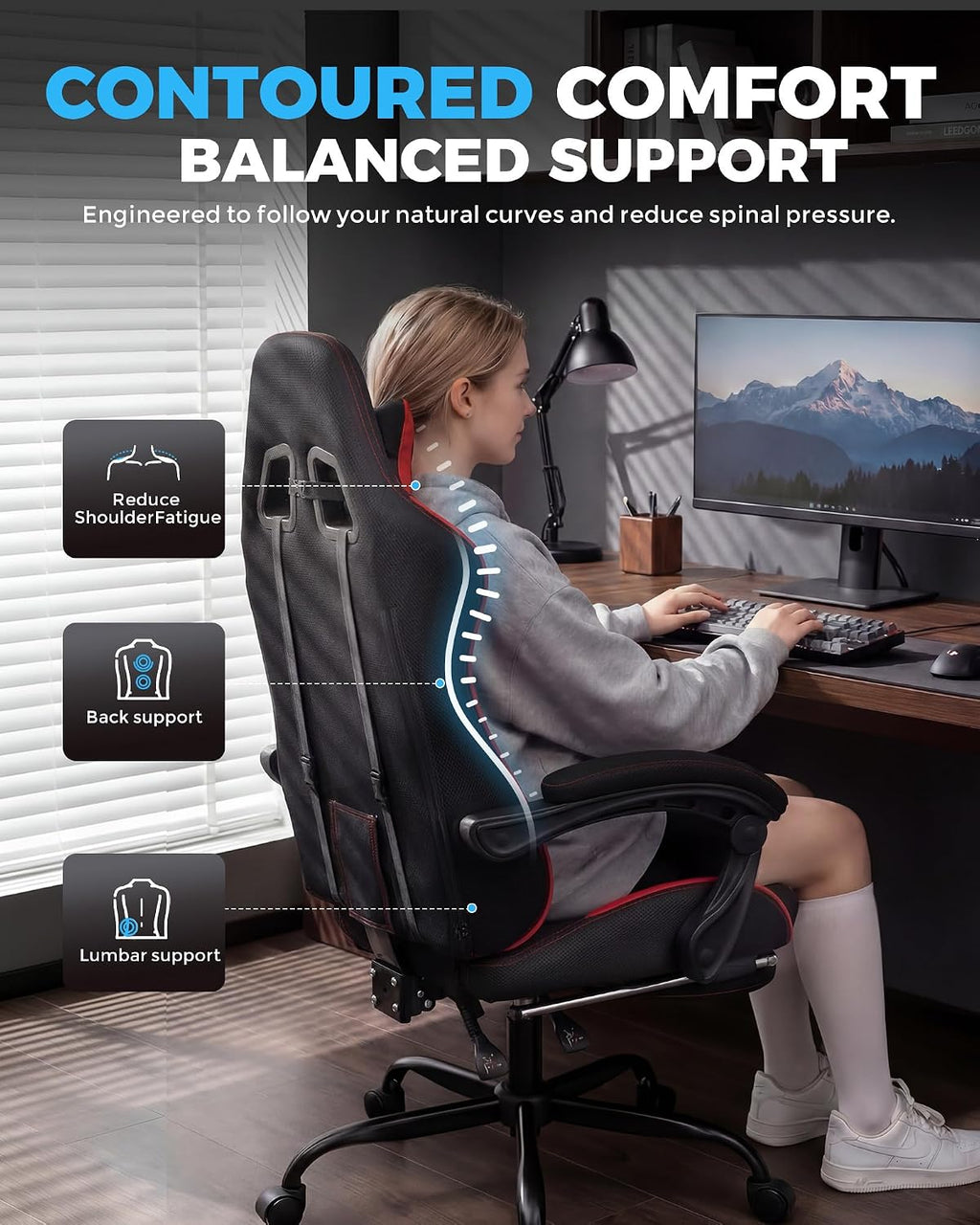 GTPLAYER Gaming Chair Fabric with Pocket Spring Cushion,Computer Office Chair with Lumbar Support for Adults Linkage Armrests and Footrest Ergonomic Gamings Chairs Height Adjustable RED