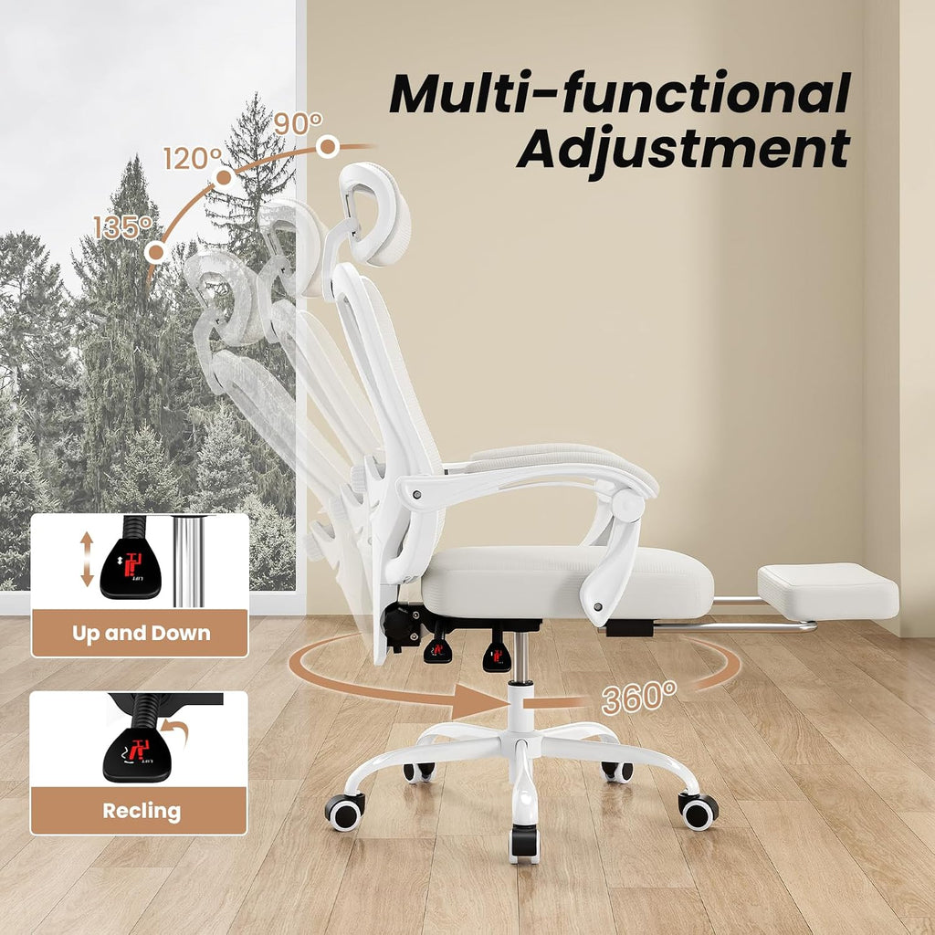 Farini Office Chair with Footrest, Ergonomic Mesh Office Chair with Headrest, High Back Desk Chair with Lumbar Support, Swivel Computer Chair for Office Study Room, White and Beige