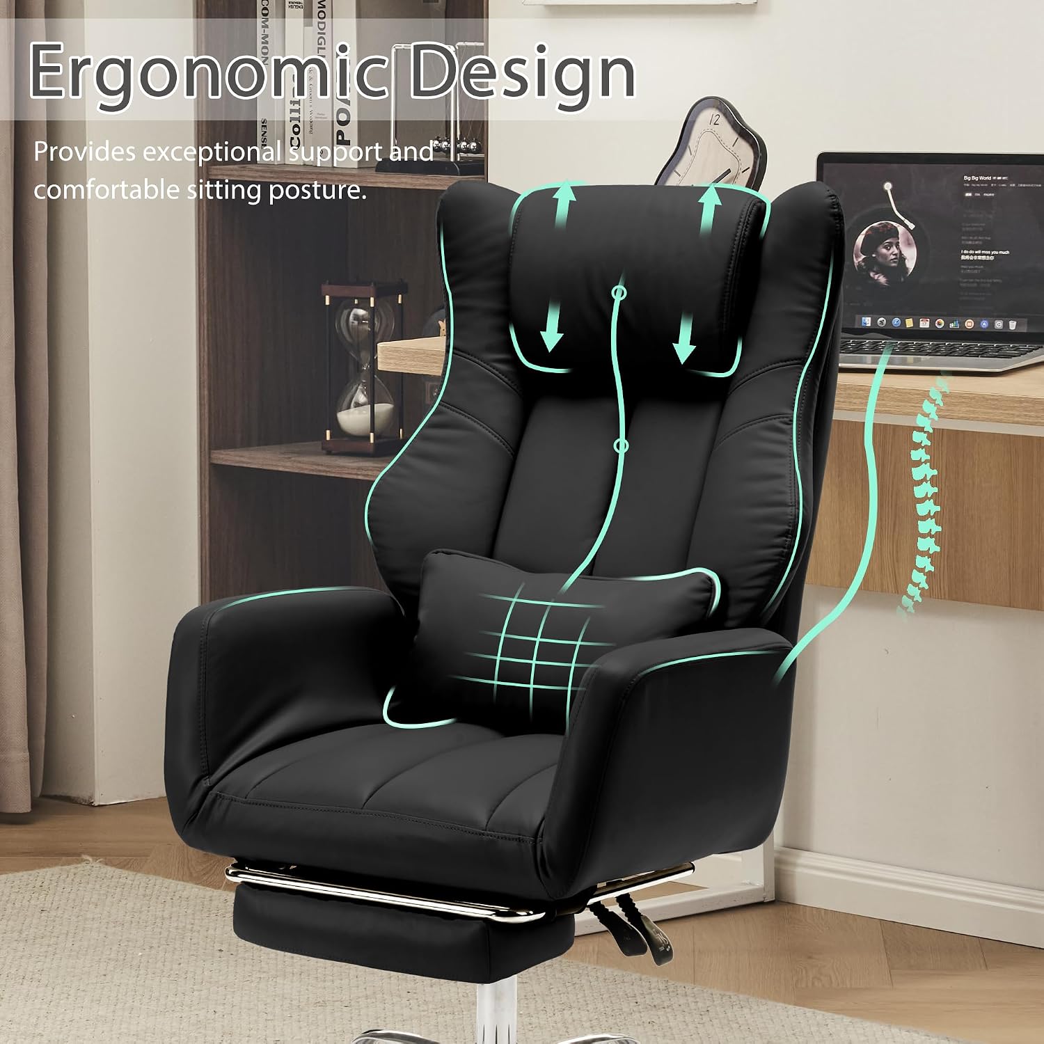 Ergonomic Cross Legged Office Chair with Footrest,Big and Tall Leather Executive Chair with Reversible Armrest,Lumbar Pillow and Wheels,155° Reclining Computer Wide Desk Chair for Home,Office (Black)