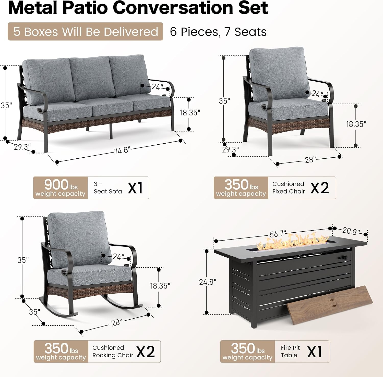 SUNSHINE VALLEY 6 Piece Black Metal Outdoor Patio Furniture Sets with Firepit Table, Patio Conversation Sets 1 3-Seater Sofa, 2 Leg Sofa and 2 Rocking Chair with 5.75' Cushion for Backyard Deck, Gray