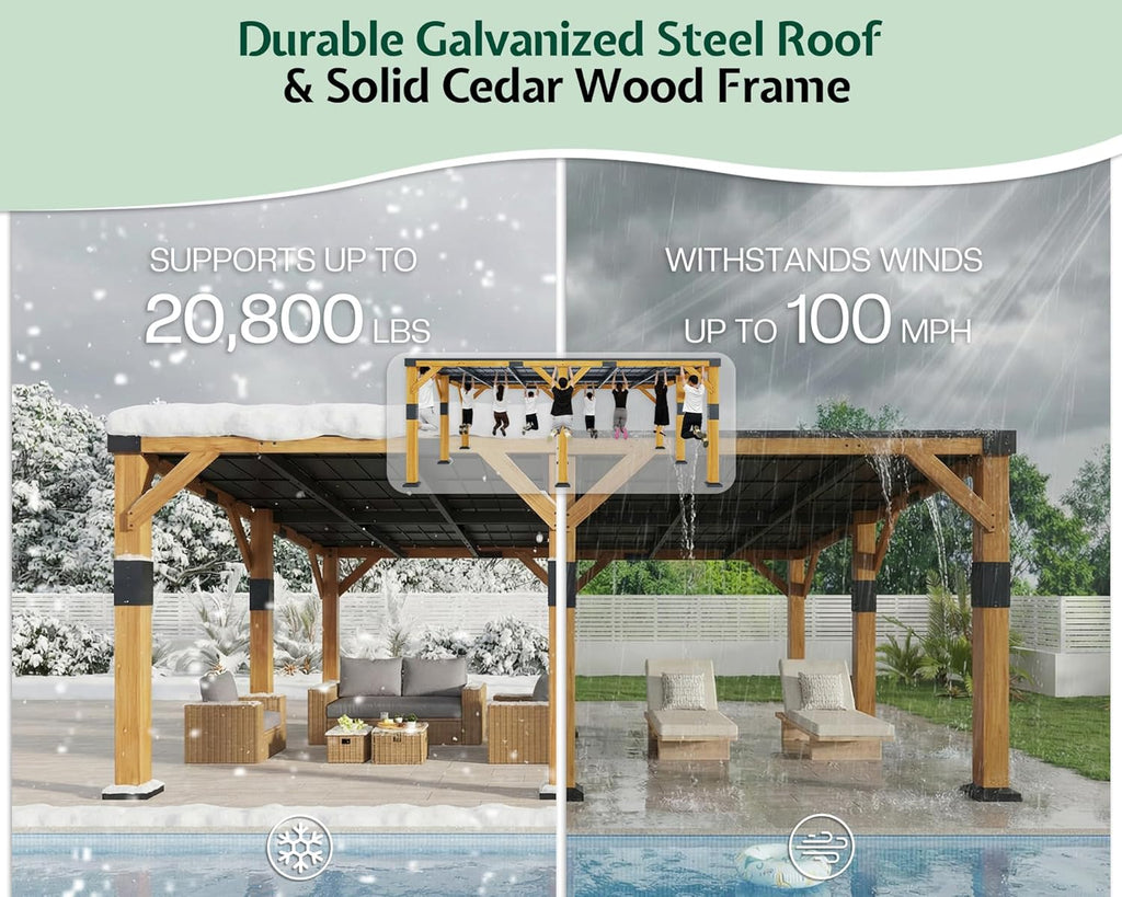 Jocisland 20' x 20' Cedar Wood Gazebo with Sloped Galvanized Steel Roof, Hardtop Gazebo Pavilion with Durable, Rot-Resistant Construction, Permanent Outdoor Pergola for Backyard, Garden & Deck