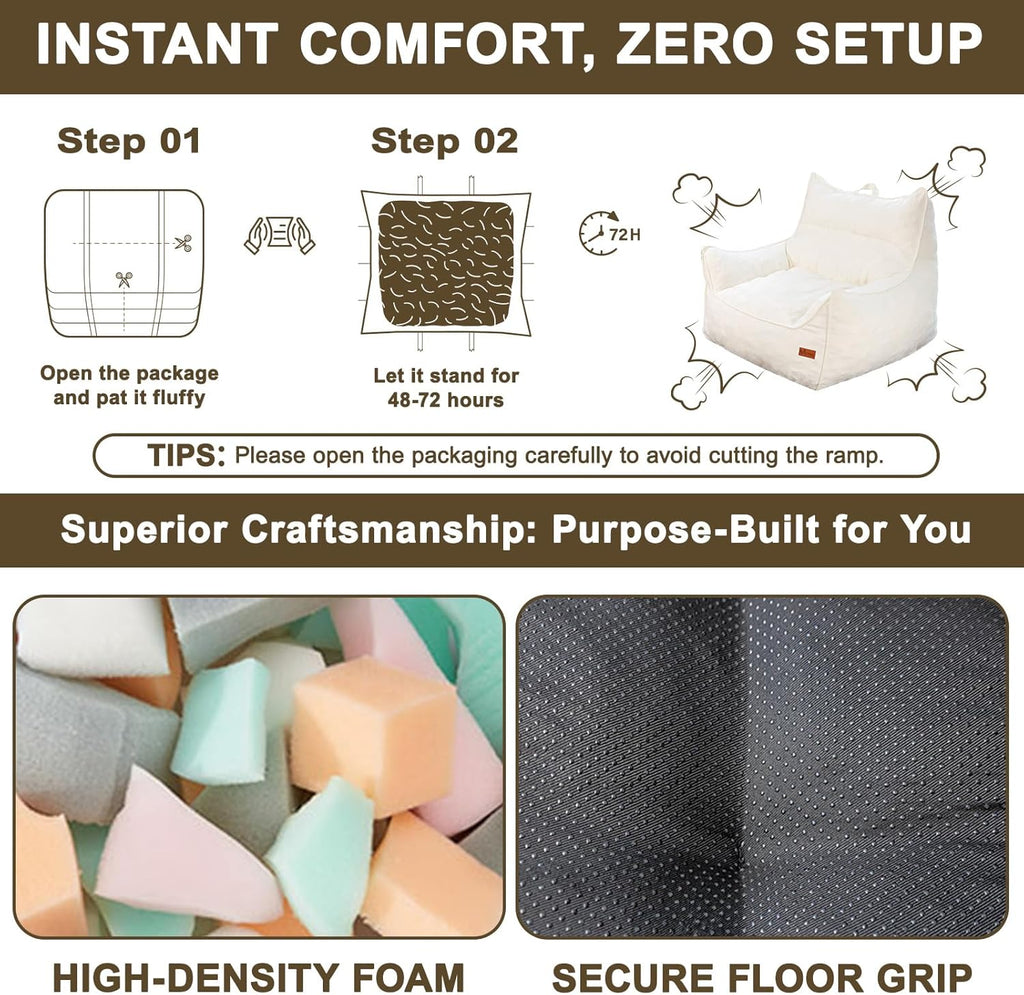 Oversized Fluffy Bean Bag Chair for Adults – Giant Cozy Bean Bag Sofa Chair with Armrests, Handle & Non-Slip Base for Your Reading Nook, Bedroom or Living Room(White-XL)