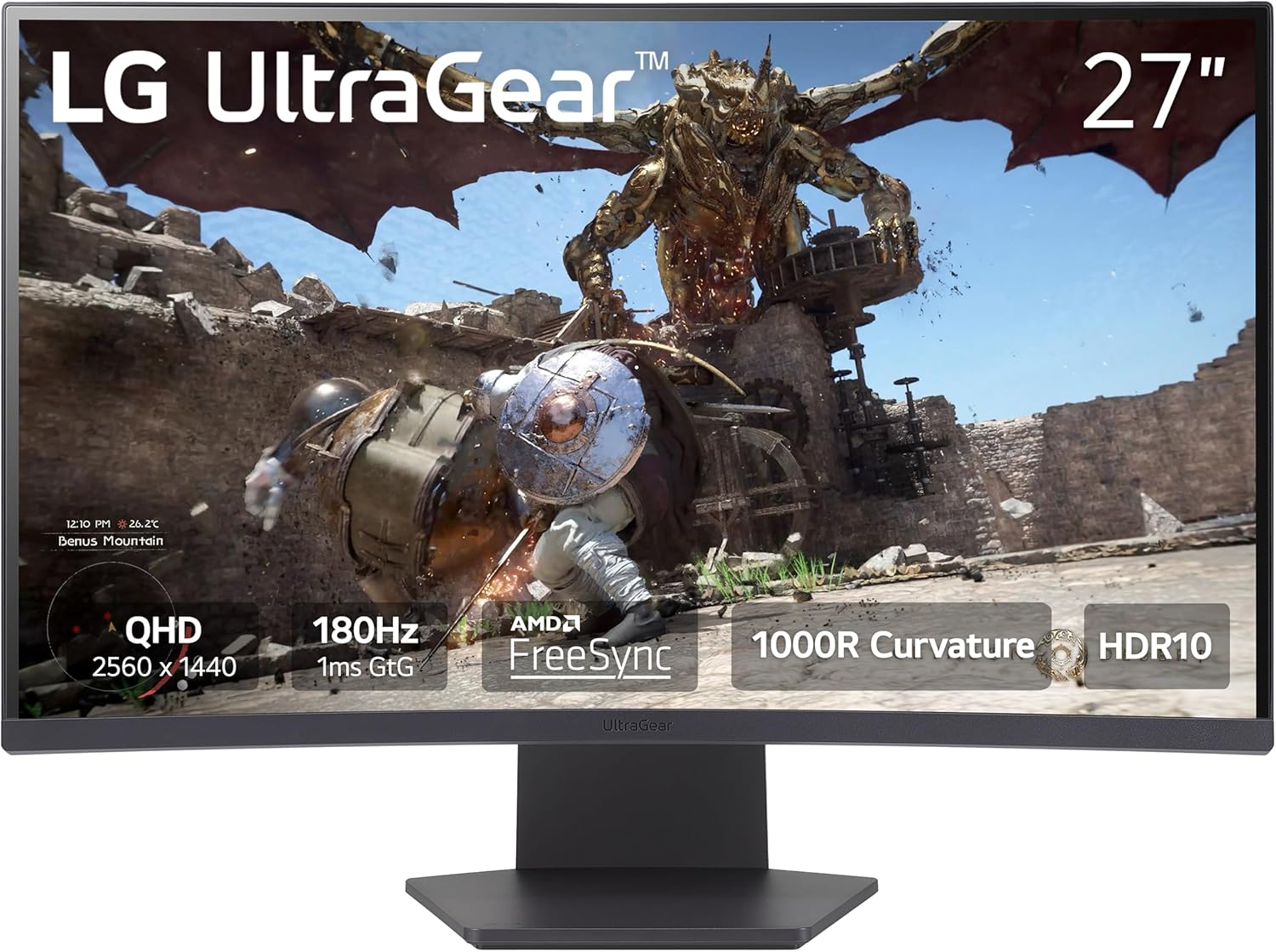 LG 27GS60QC-B Ultragear Curved Gaming Monitor 27-Inch QHD (2560x1440)180Hz 1ms 1000R AMD FreeSync HDR10 HDMIx2 DisplayPort Borderless Design Black Stabilizer DAS Crosshair FPS Counter -Black, Renewed