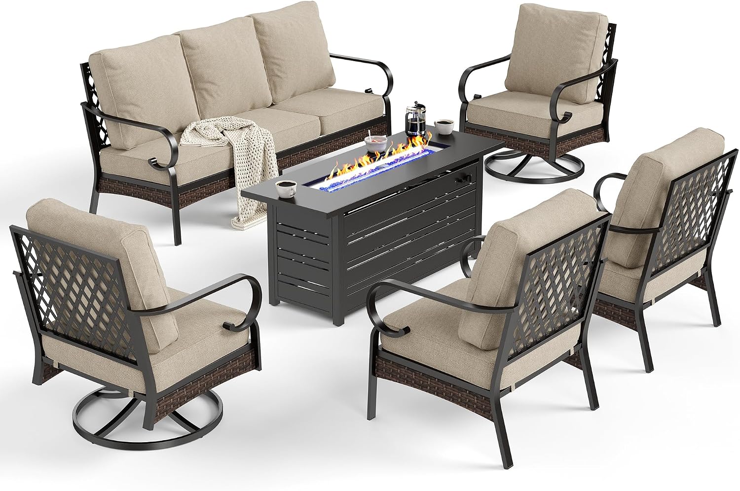 SUNSHINE VALLEY 6 Piece Metal Outdoor Patio Furniture Sets with Firepit Table, Patio Conversation Sets 1 3-Seater Sofa, 2 Leg Chair and 2 Swivel Chair with 5.75' Cushion for Backyard Deck, Beige