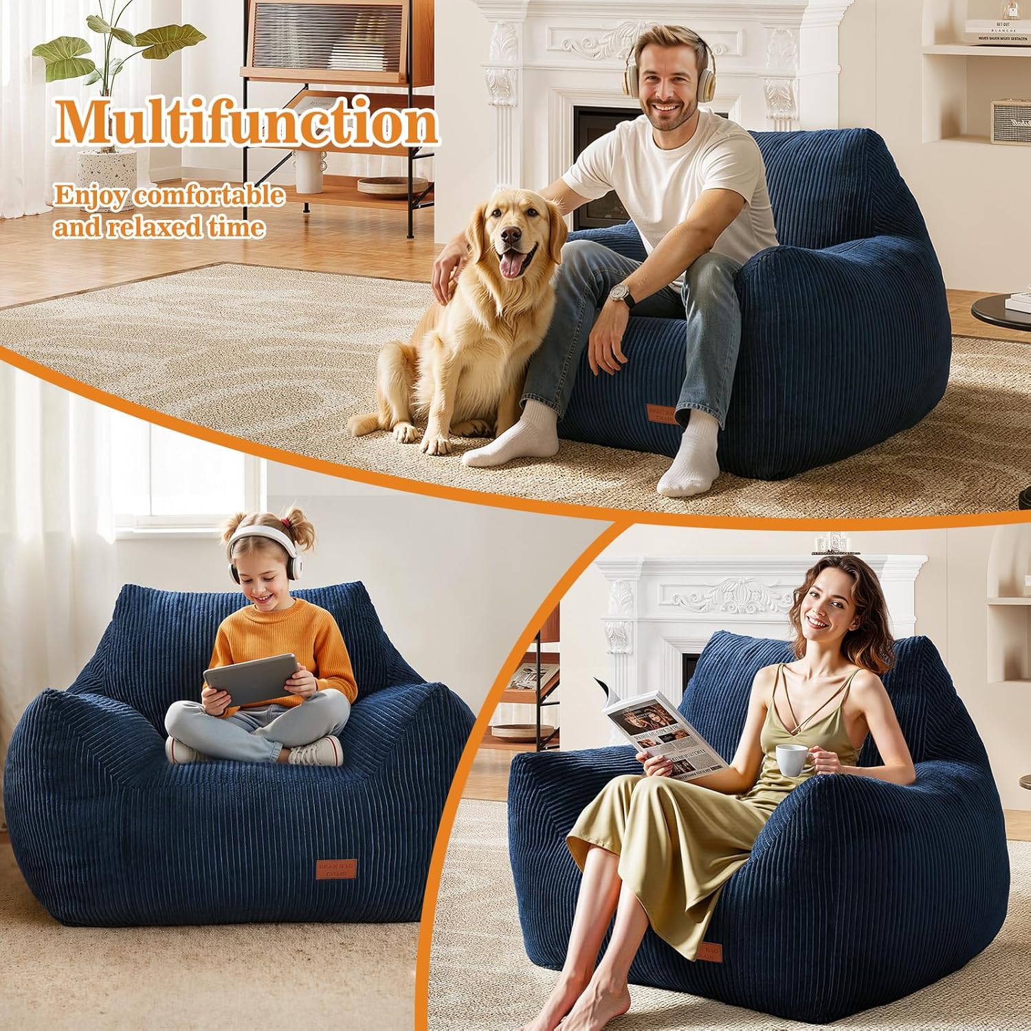 Big Bean Bag Chair for Adults, Ultra Soft Living Room Bean Bag with Armrests, Stuffed BeanBag Chair for Napping, Gaming, Vacuum-Compressed for Easy Gifting, 48 Hours to Fluffs Up, Navy Blue