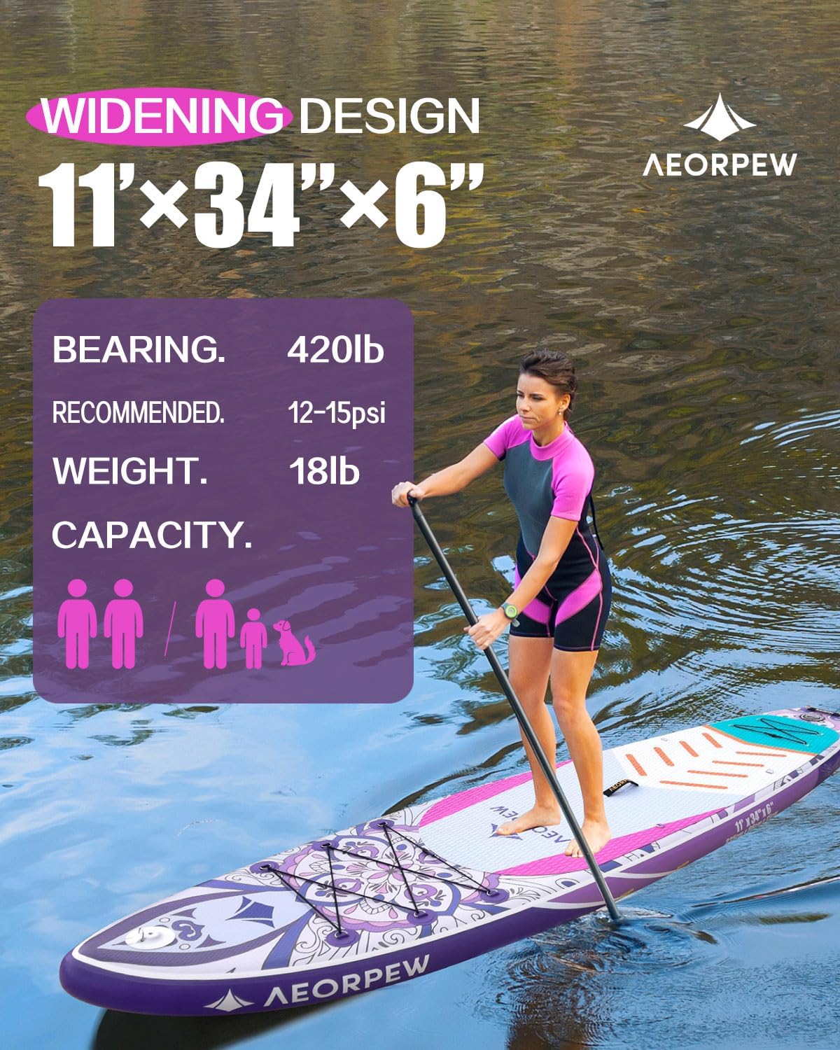 34'' Wide Inflatable Paddle Board for Women with Premium Paddle Boards Accessories, Adj SUP Paddle, 100L Backpack, Suitable for Versatile SUP Boards of All Skills Levels