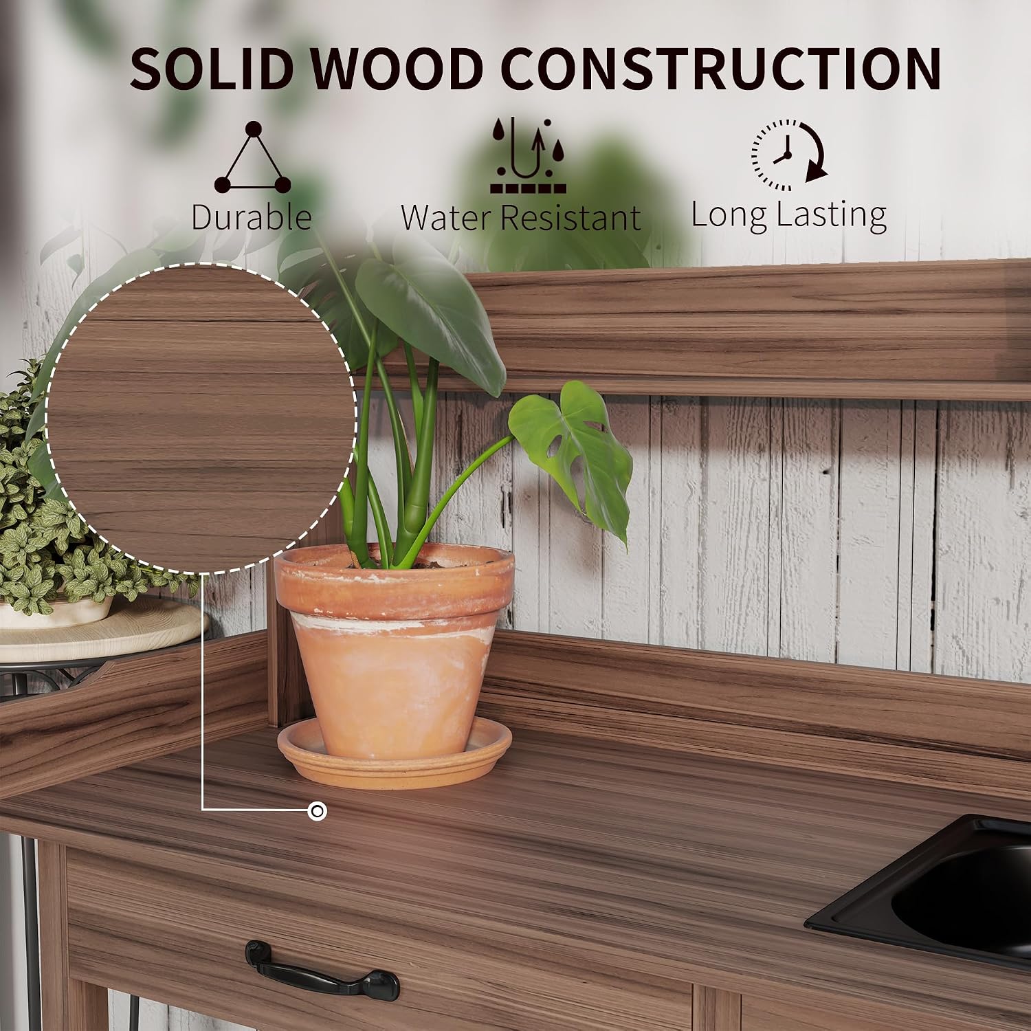 Outsunny Potting Bench Table with Removable Sink, Outdoor Work Bench Table with Storage Cabinet, Hooks, Faucet and Drawer for Greenhouse, Garden, Patio, Dark Brown