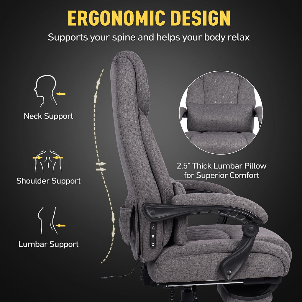 3D Kneading Massage Office Chair with Heat, 500 lbs Big and Tall Executive Computer Desk Recliner, Electric Heated Gaming Chairs with Massage & Footrest, Grey,