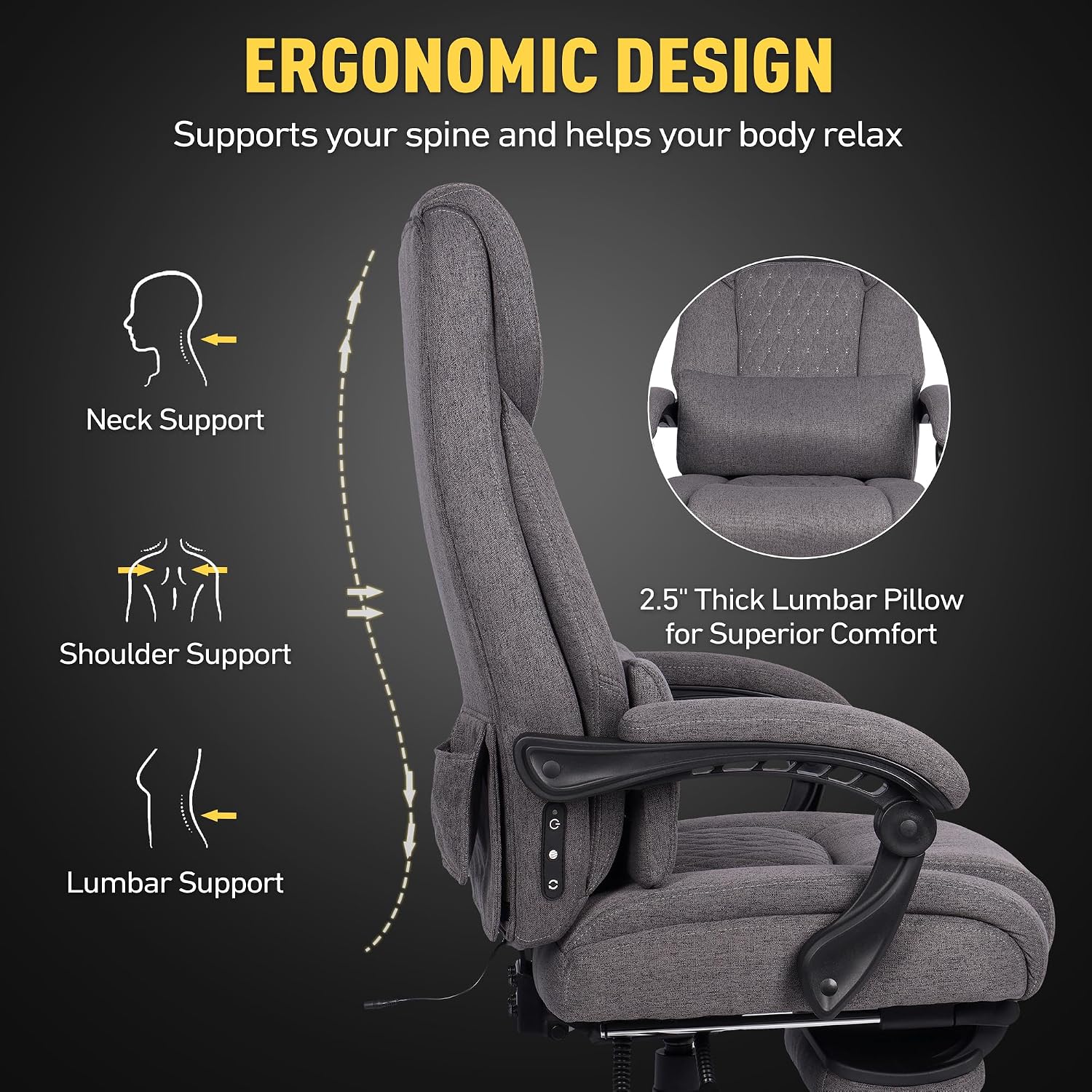 3D Kneading Massage Office Chair with Heat, 500 lbs Big and Tall Executive Computer Desk Recliner, Electric Heated Gaming Chairs with Massage & Footrest, Grey,