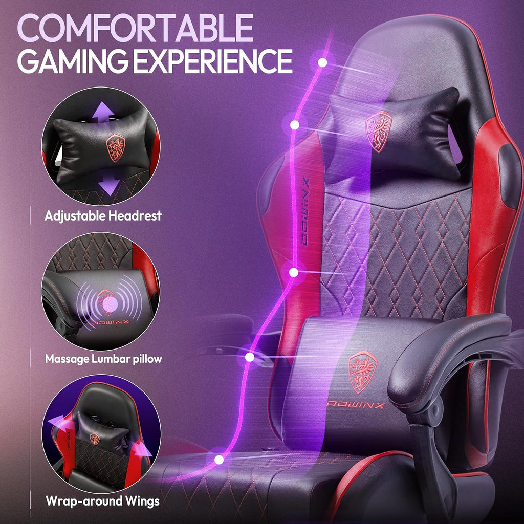 Dowinx Gaming Chair with Massage Lumbar Support and Footrest, Video Game Chair for Adults, Adjustable Ergonomic Gamer Chairs High Back with Pocket Spring Cushion, Swivel Recliner, Black and Red