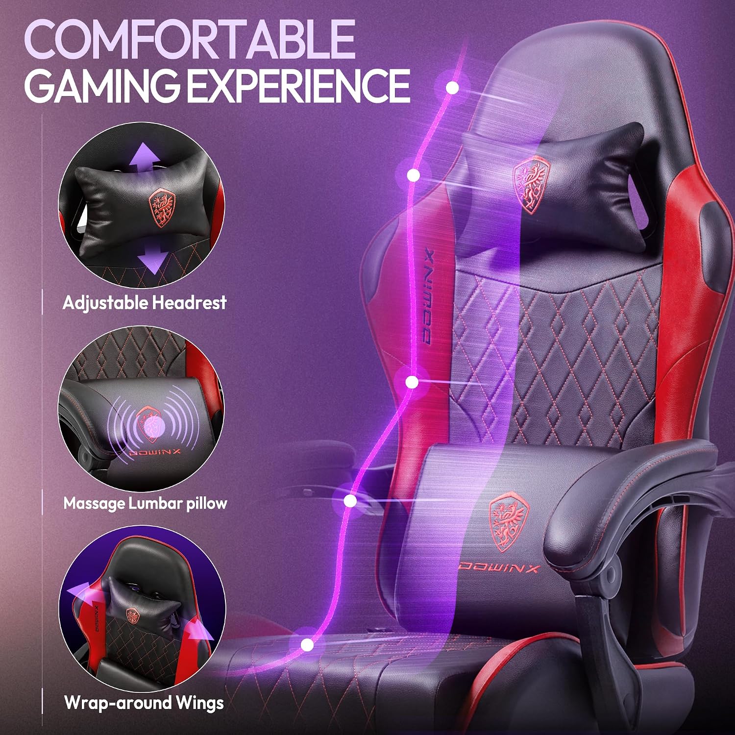 Dowinx Gaming Chair with Massage Lumbar Support and Footrest, Video Game Chair for Adults, Adjustable Ergonomic Gamer Chairs High Back with Pocket Spring Cushion, Swivel Recliner, Black and Red
