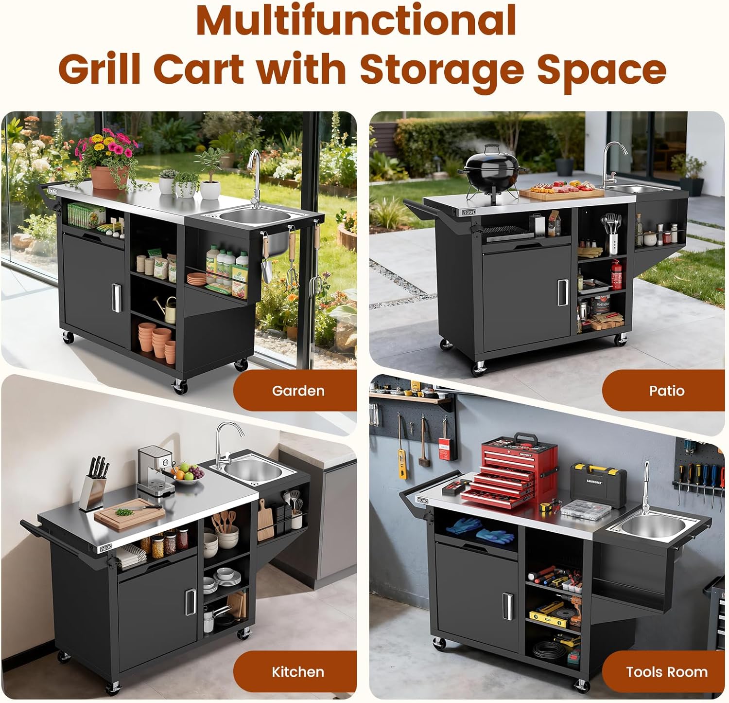 NUUK Outdoor Grill Cart on Wheel, Pizza Oven Table with Sink & Storage, 20'x42' Stainless Steel Prep Table Kitchen Island Cabinet for Backyard BBQ