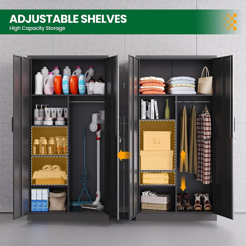 72' H Metal Garage Storage Cabinets, Lockable Broom Closet Cabinet with Hanging Rod & Doors, 5-Tier Steel Utility Cabinets for Garage, Laundry Room, Warehouse Storage, Black