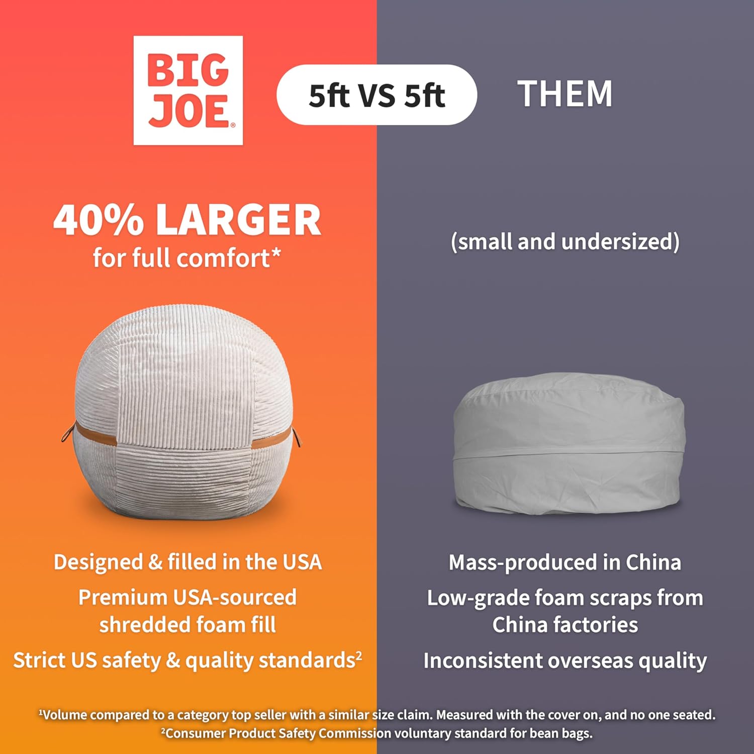 Big Joe Fuf 5Ft Oversized Foam Bean Bag Chair with Removable Cover for Kids, Teens, Adults, Coffee Soft Vegan Leather, 5 Foot Large Reading and Gaming Seat