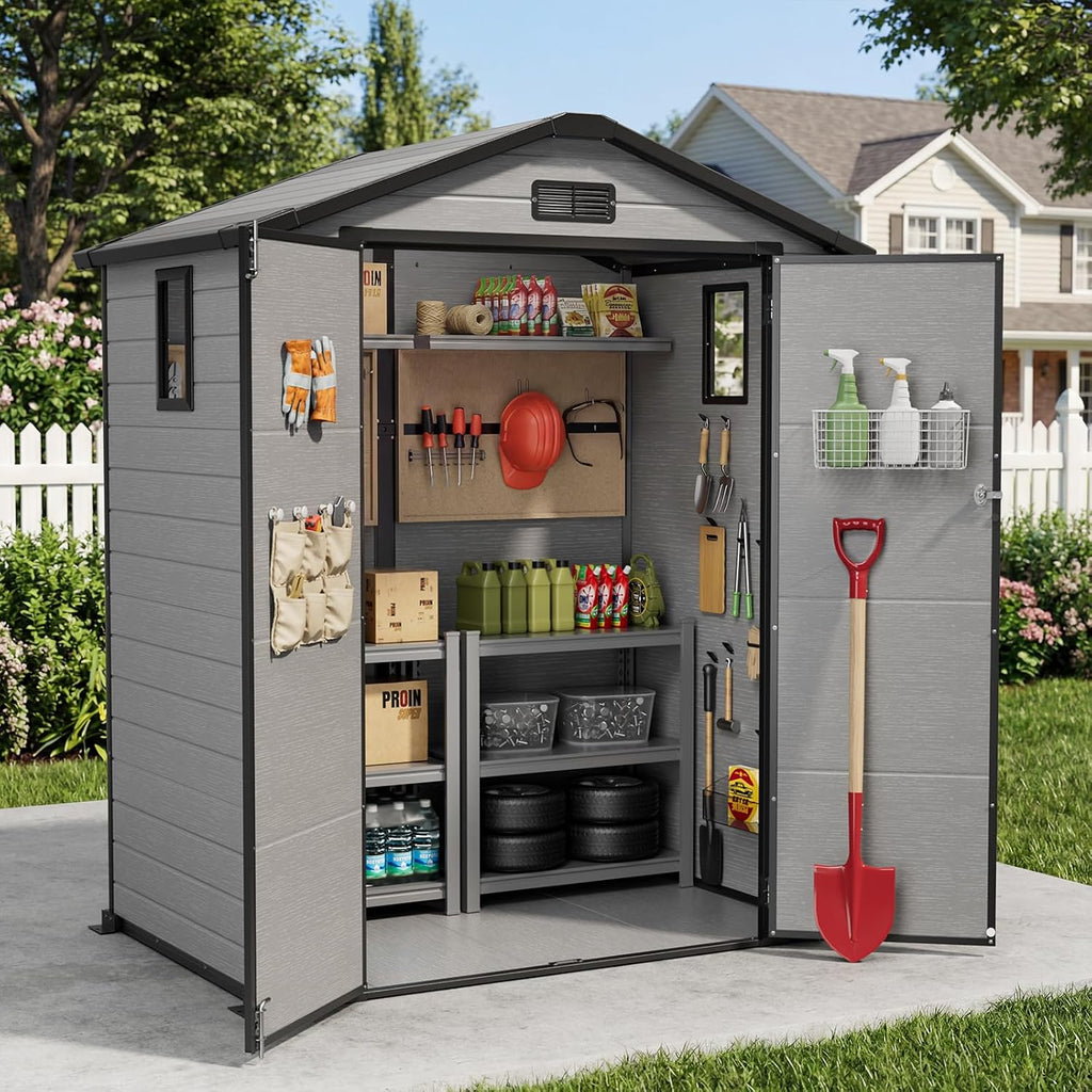 WUKHG 6X4 FT Plastic Storage Shed with Floor, Resin Storage Shed with Drainage Channel & Lockable Door, Outdoor Plastic Sheds Suitable for Bikes, Furniture, Gardening Tools