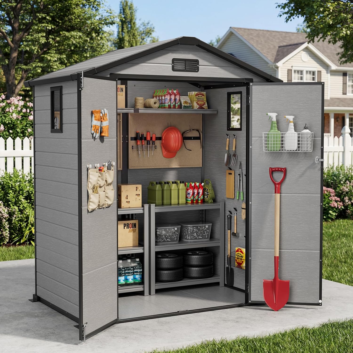 WUKHG 6X4 FT Plastic Storage Shed with Floor, Resin Storage Shed with Drainage Channel & Lockable Door, Outdoor Plastic Sheds Suitable for Bikes, Furniture, Gardening Tools