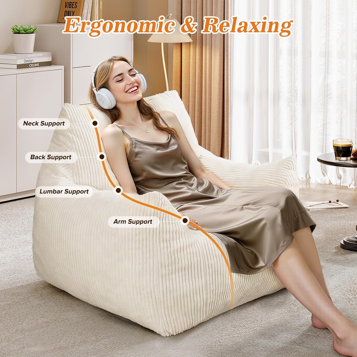 Big Bean Bag Chair for Adults, Ultra Soft Living Room Bean Bag with Armrests, Stuffed BeanBag Chair for Napping, Gaming, Vacuum-Compressed for Easy Gifting, 48 Hours to Fluffs Up, Beige