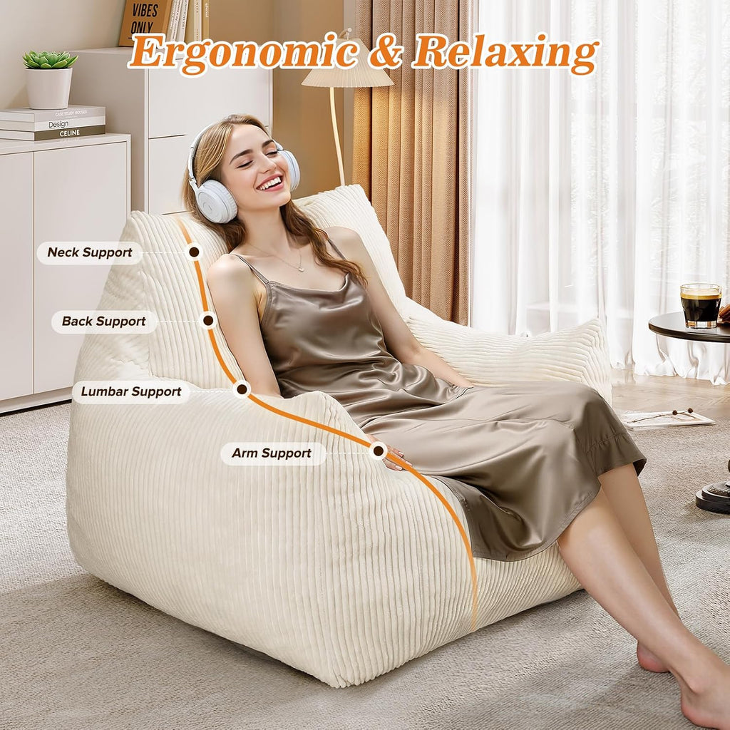 Big Bean Bag Chair for Adults, Ultra Soft Living Room Bean Bag with Armrests & Ottoman, Stuffed BeanBag Chair for Napping, Gaming, Vacuum-Compressed for Easy Gifting, 48h to Expand Beige