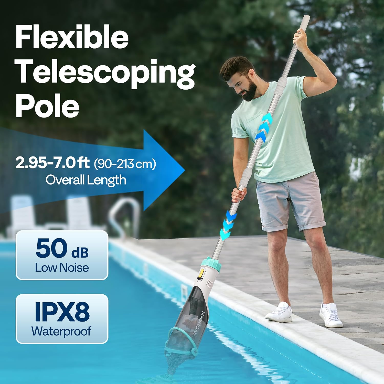 VIVOHOME Cordless Pool Vacuum with Telescopic Pole, Powerful Suction up to 18.5 GPM, 60 Mins Running Time, Handheld Rechargeable Swimming Pool Cleaner for Pools/Spas/Hot Tubs - Green