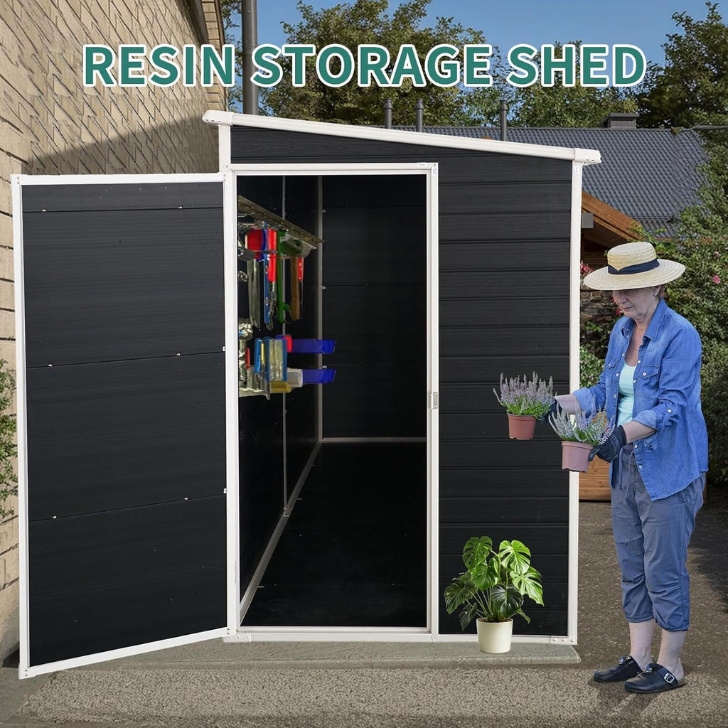 KUIKUI Shed with Floor Included, 8x4ft Storage Sheds, Plastic Lean to Backyard Shed with 2 Windows and Lockable Door, for Garden Tools, Bike, Carbon Black