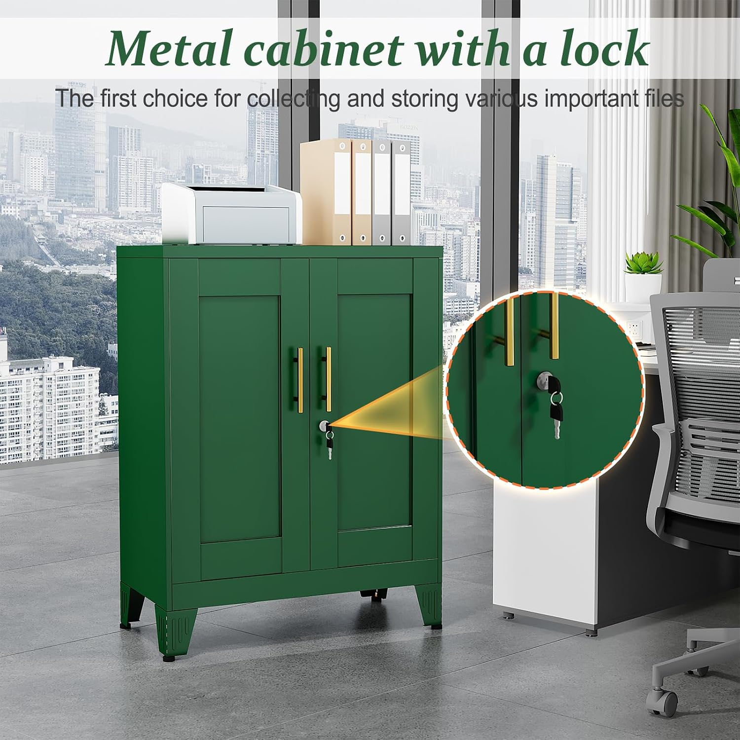 Green Metal Storage Cabinet, 36' Tall Locking Storage Cabinet with 2 Adjustable Shelves, Steel Locker Organizer, for Office, Home, School, 2PS