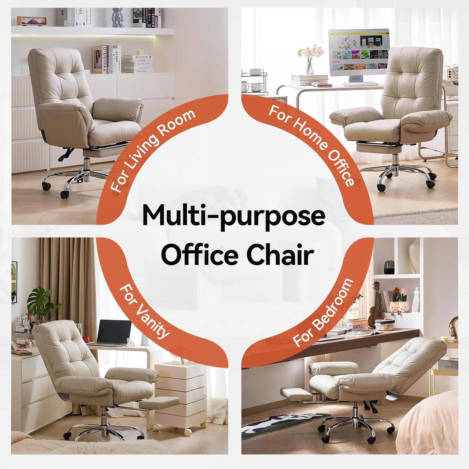 EMIAH Office Chair with Foot Rest Criss Cross Chair with Wheels and Flip-up Arms Reclining Desk Chair Comfy Wide Seat PU Leather Rolling Computer Home Office Chair (Beige)