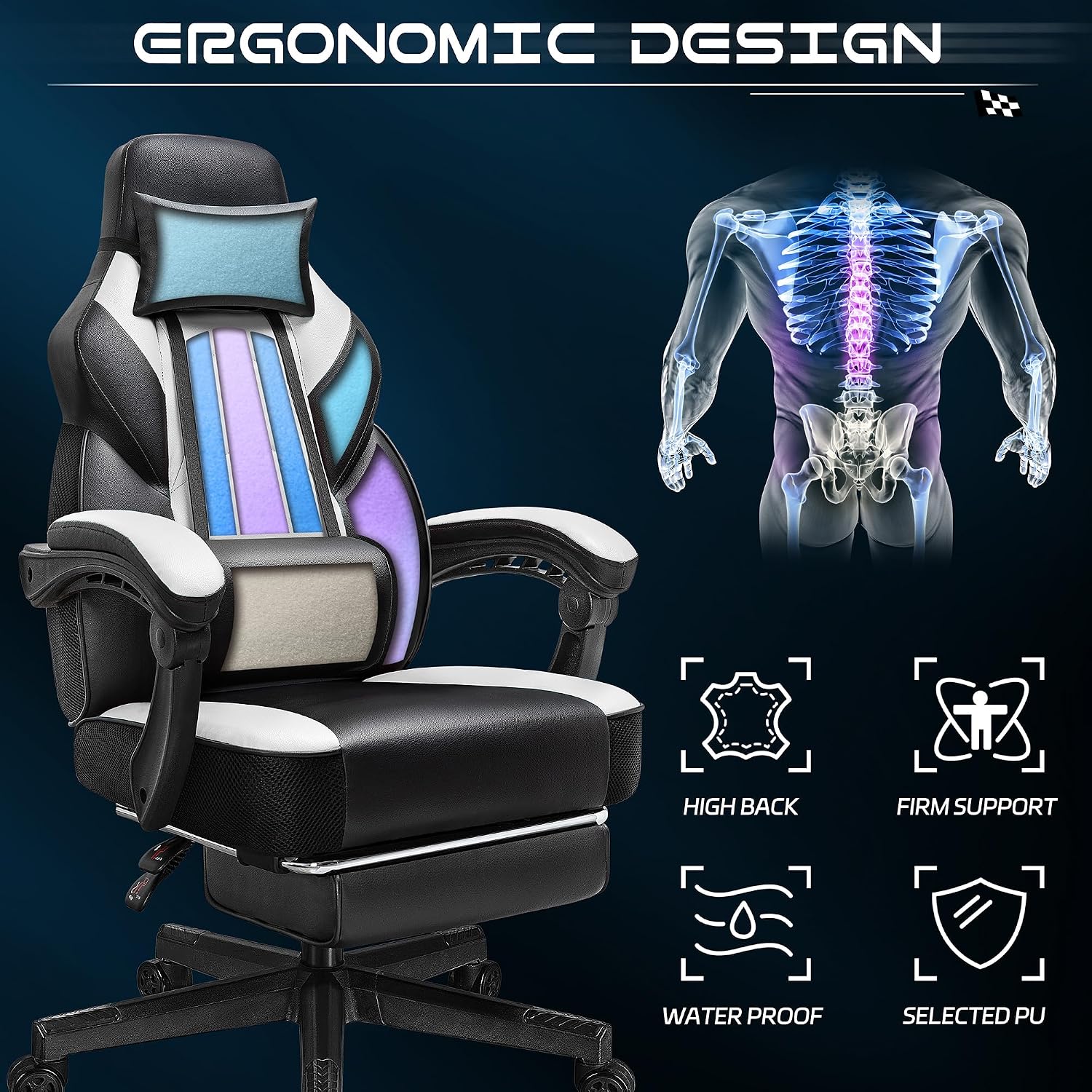 Gaming Chair for Adults, Gaming Chairs with Footrest, Ergonomic Video Game Chair with Massage Lumbar Big and Tall Computer Chair, Height Adjustable with Headrest and 360° Swivel Seat, White