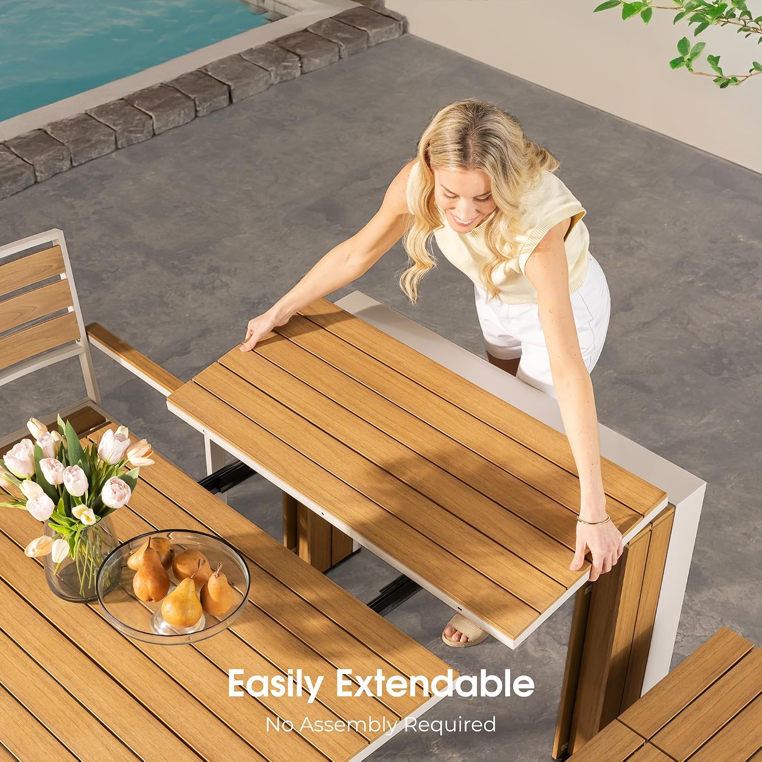 Transformer Table - Extendable Outdoor Dining Set, up to 12 Expandable Patio Table, Seats, Weather-Resistant Patio Furniture, Light Oak, Natural (Table + 2 Benches)