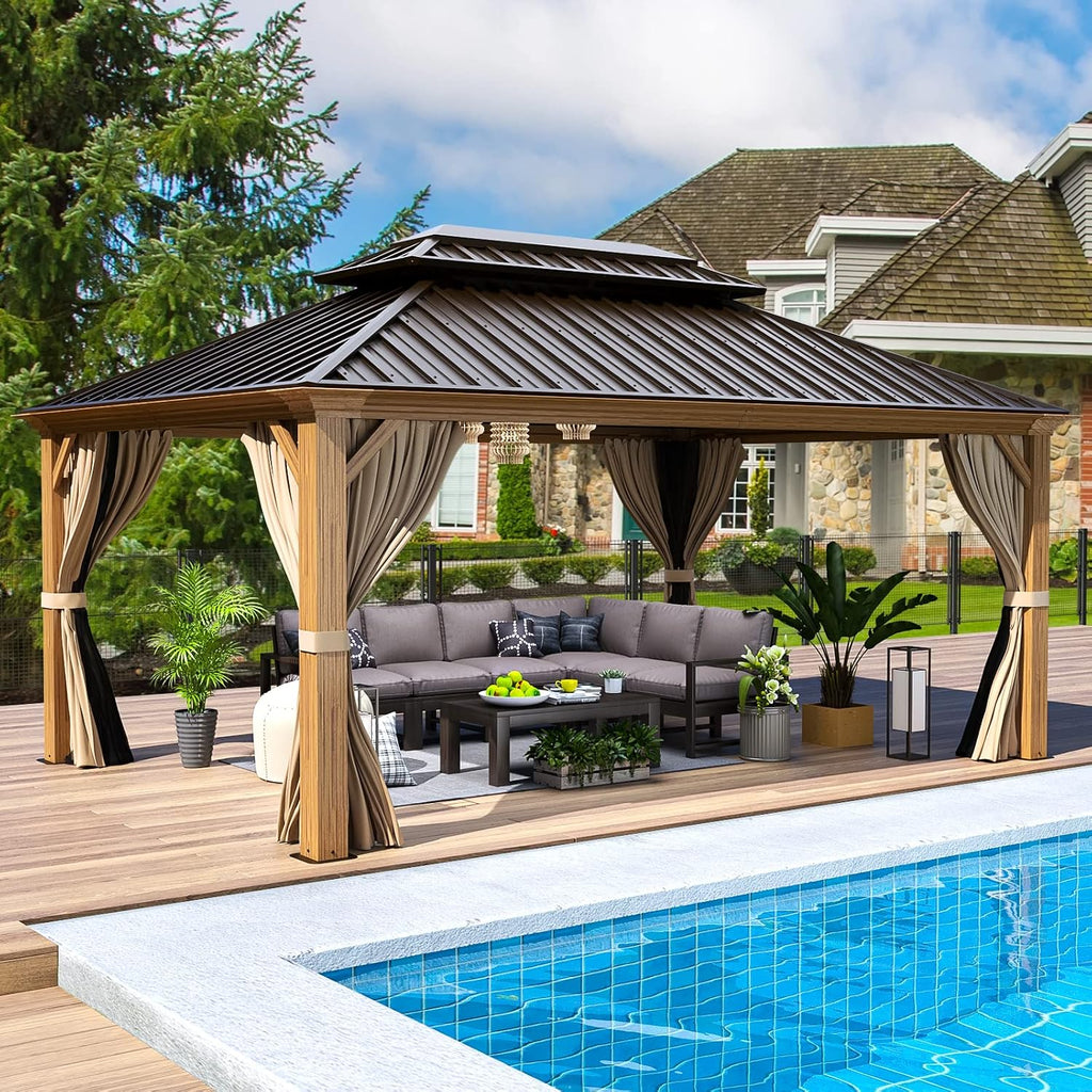 EROMMY 12'x16' Hardtop Gazebo, Wood Grain Aluminum Frame Outdoor Gazebo with Galvanized Steel Roof, Permanent Metal Pavilion with Curtains and Nettings for Patio, Backyard, Deck and Lawns