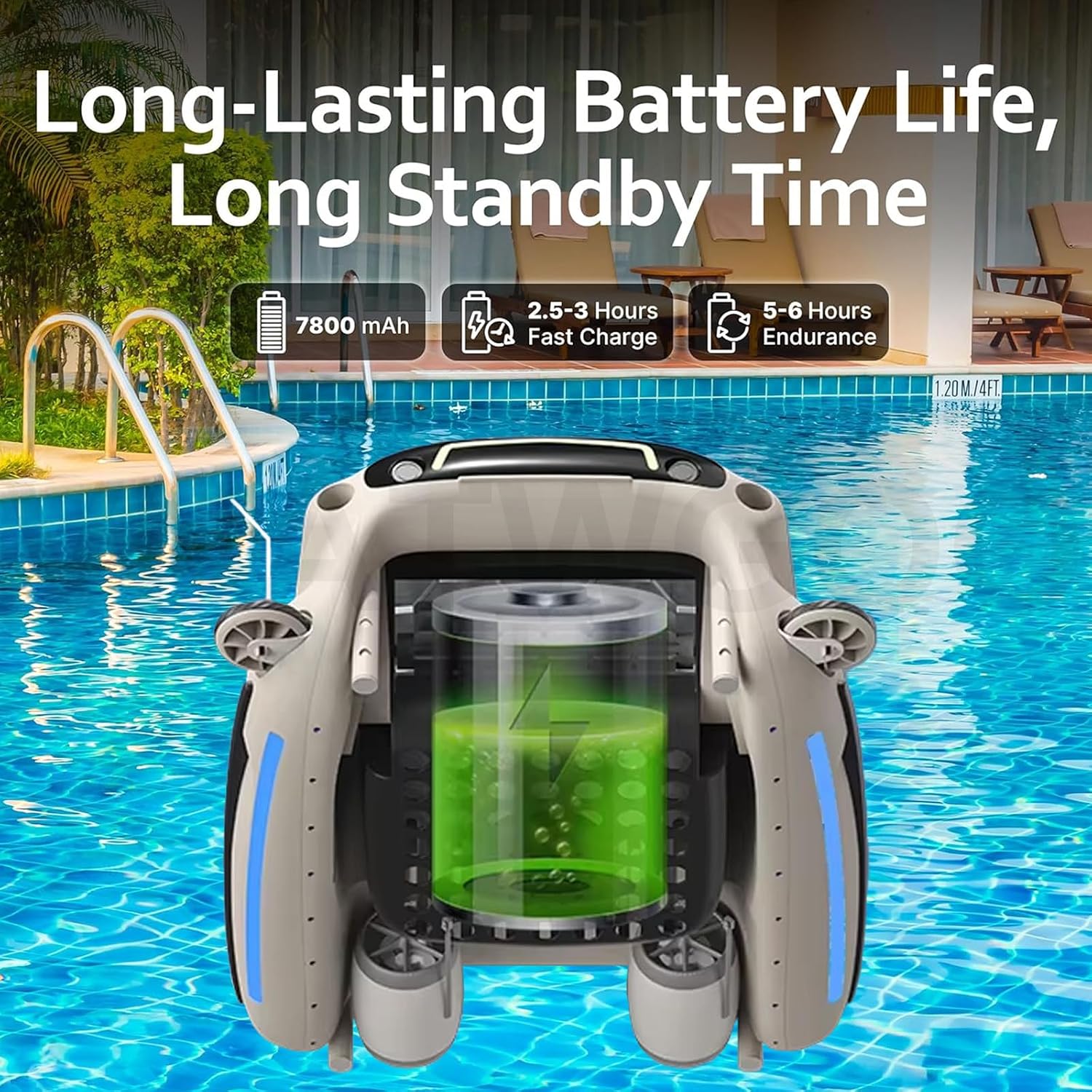 Automatic Pool Cleaning Robot Cordless, with 7800mAh Battery, Electric Automatic Pool Cleaner