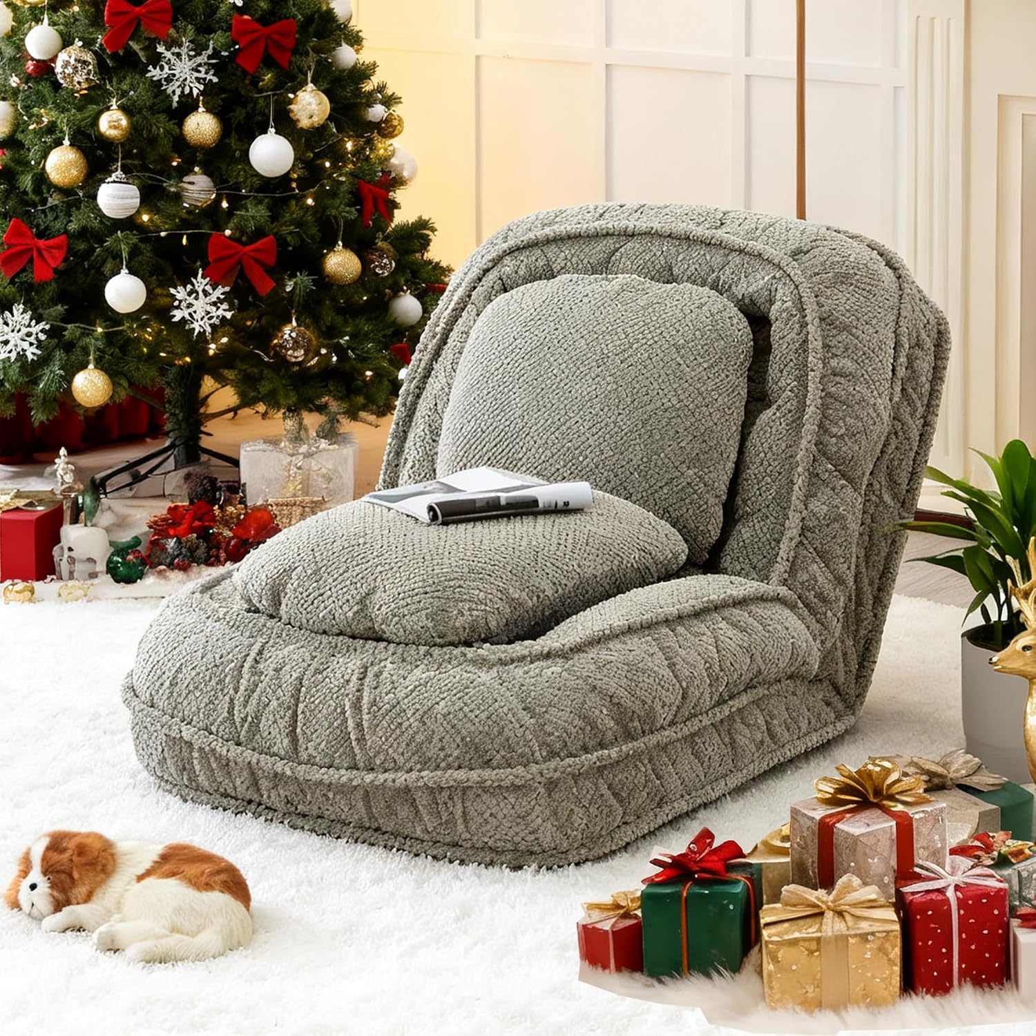 Floor Chair with Back Support, Folding Sofa Chair with 5 Adjustable Position, Plush Floor Gaming Chair, Meditation Chair for Lazy Boys, Human Dog Bed for Living Room, Bedroom, Lounge, Green
