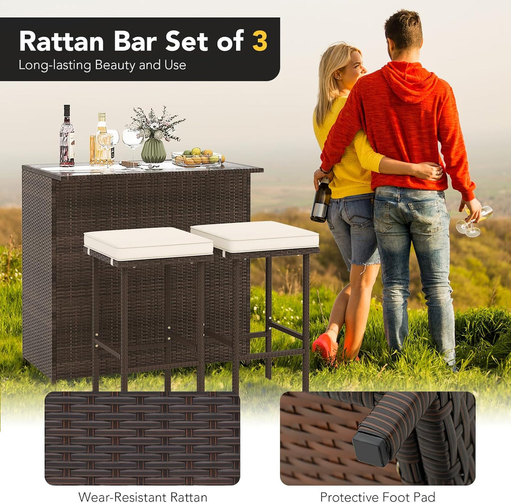 Tangkula Patio Bar Set, 3 Piece Outdoor Rattan Wicker Bar Set with 2 Cushions Stools & Glass Top Table, Outdoor Furniture Set for Patios Backyards Porches Gardens Poolside (Beige)