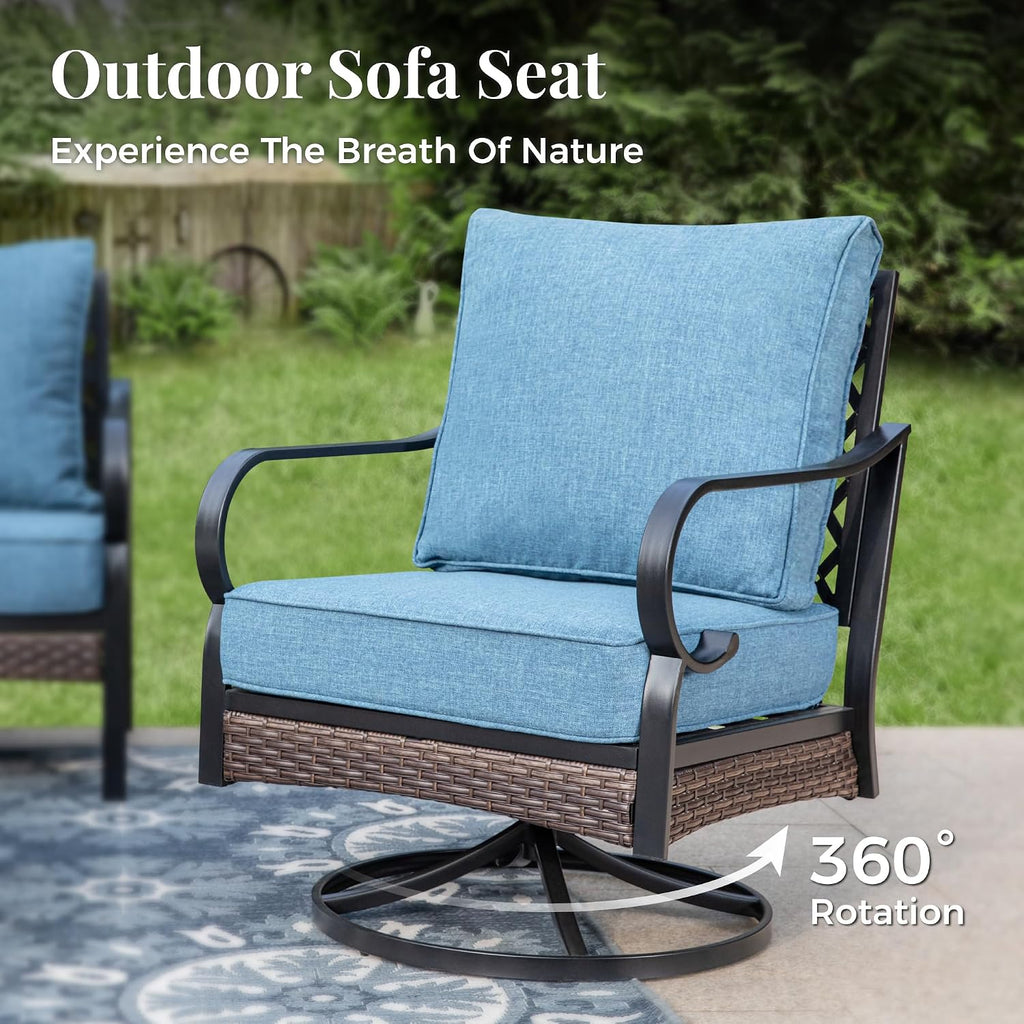 MIXPATIO Patio Furniture Set with Fire Pit Table, Metal Outdoor Conversation Set with 5.75'' Extra Thick Cushion, 2 Swivel Chairs, 2 Leg Chairs, 3-Seat Sofa and Gas Fire Pit Table, Navy Blue