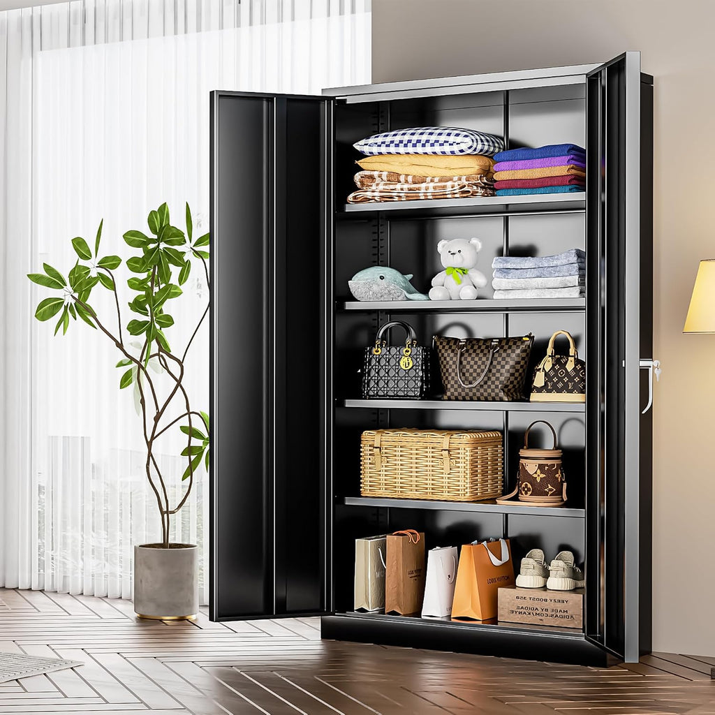 INTERGREAT Black Metal Storage Cabinet Doors, 72' Locking Steel Storage Cabinet with Shelves, Tall Metal Cabinet Lockable Steel Cabinets for Home Office, Garage