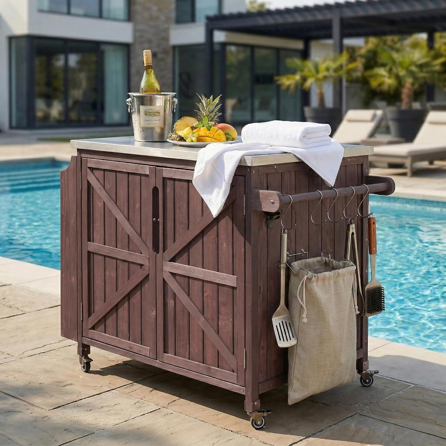 LUMISOL Outdoor Rolling Kitchen Cart with Stainless Steel Top, 42.1' Grill Cart with Adjustable Shelf and 4 Wheels, Farmhouse Kitchen Island with Side Shelf and Storage Cabinet, Dark Brown