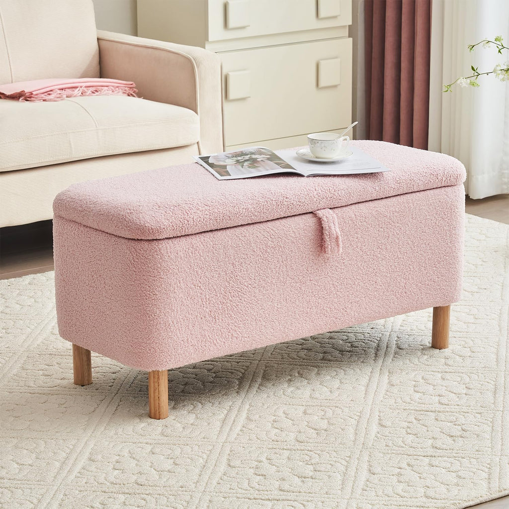 Boucle Storage Ottoman Bench for Bedroom end of Bed, Sherpa Upholstered Shoe Seat Storage Bench for Entryway Bed Foot, Rectangle Cushion Padded Blanket Chest Cute for Living Room, Pink