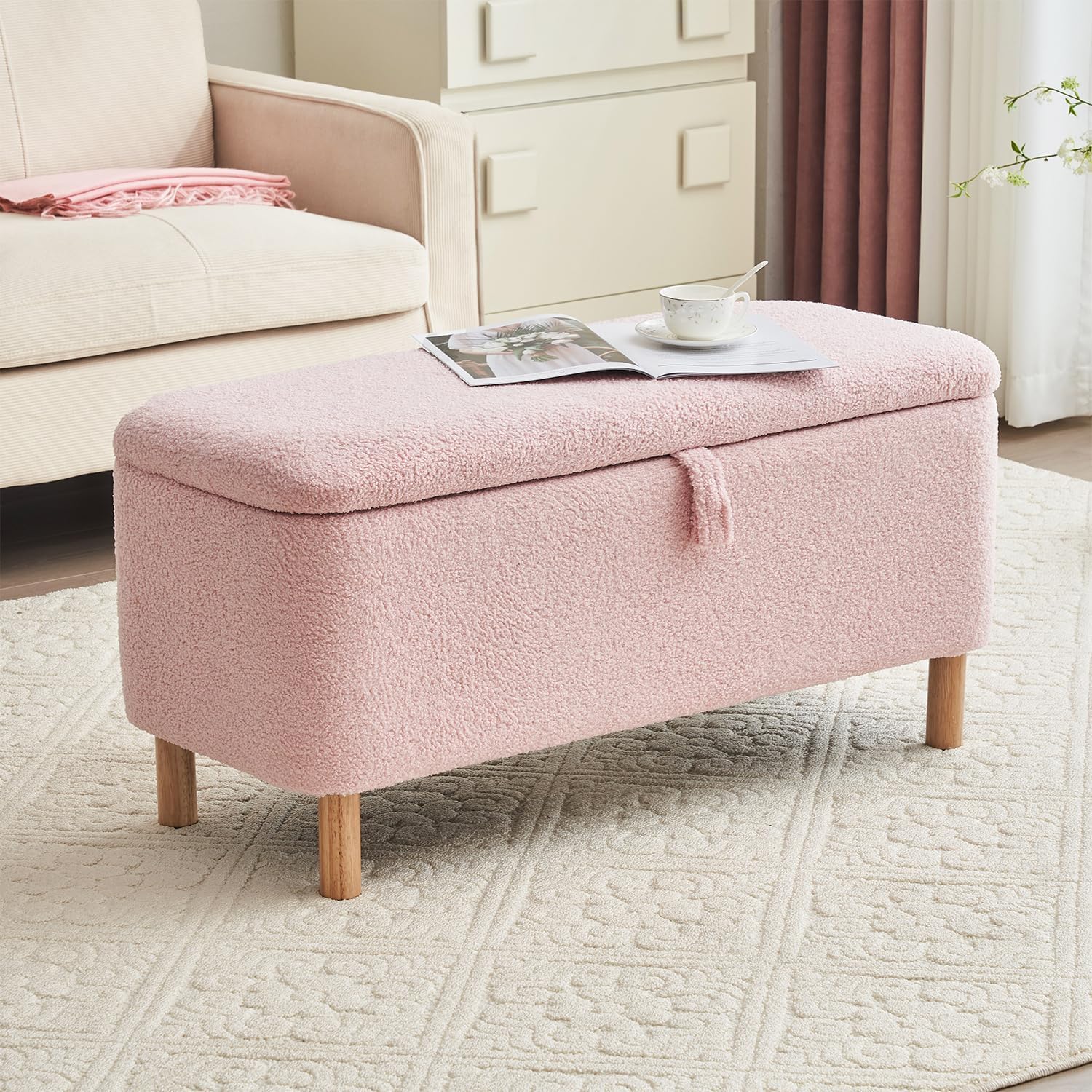 Boucle Storage Ottoman Bench for Bedroom end of Bed, Sherpa Upholstered Shoe Seat Storage Bench for Entryway Bed Foot, Rectangle Cushion Padded Blanket Chest Cute for Living Room, Pink