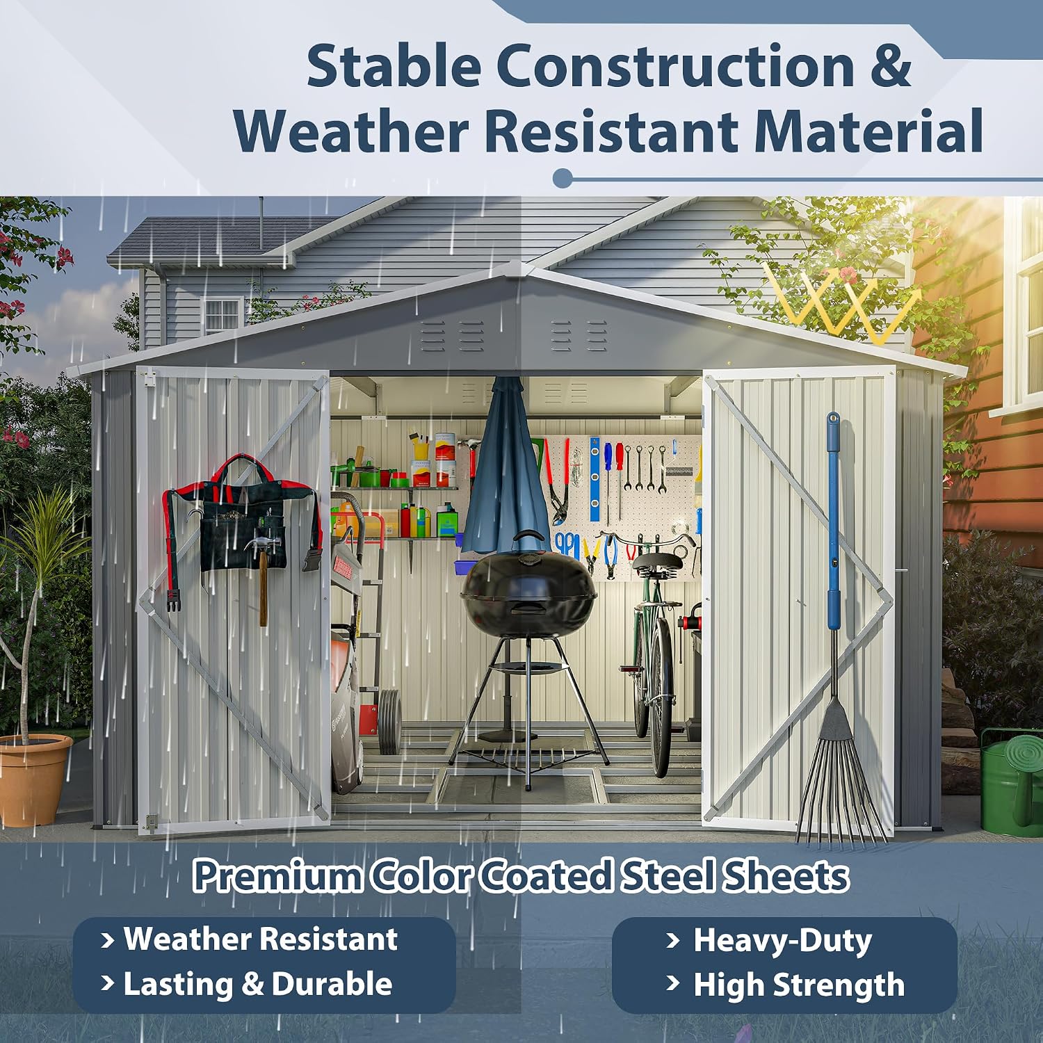 8x10 FT Outdoor Storage Shed, Metal Garden Shed with Frame Floor, Outside Tool Shed with Lockable Hinged Doors, Waterproof Storage Building with Sloped Roof for Backyard, Patio, Lawn, Gray