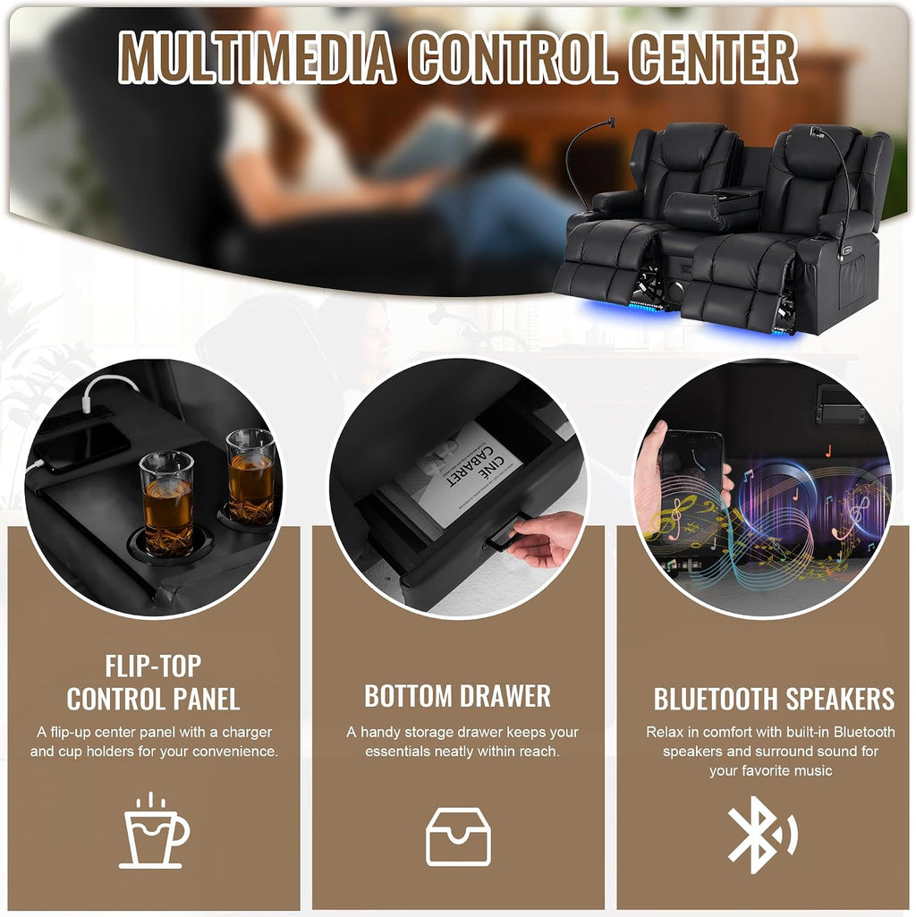 Power Recliner Loveseat for Living Room, Loveseat Sofa with Center Console, USB Type-C Port, Leather Chair with Massage and Heat, Speaker Oversized Recliner Chair for Home Theater (Black)
