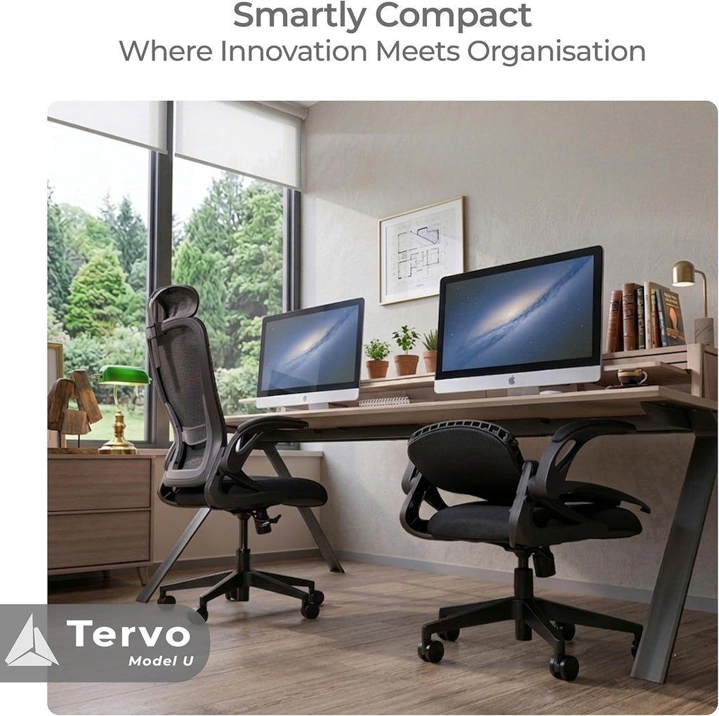Tervo Model U | Folding Office Chair for Small Spaces | Gaming Chair for Adults & Kids | Ergonomic Mesh Computer Chair for Bedroom | Foldable Desk Chair for Home Work (Midnight Black Headrest)