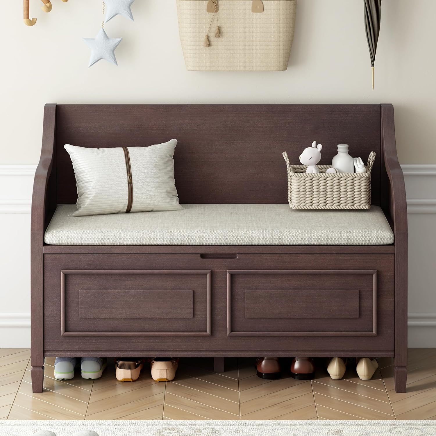 Bellemave Storage Bench with Safety Hinge Wooden Entryway Benches with Shoe Cabinets Under Seat Multifunctional Storage Bench for Entryway, Foyer or a Mudroom (Espresso + Beige)