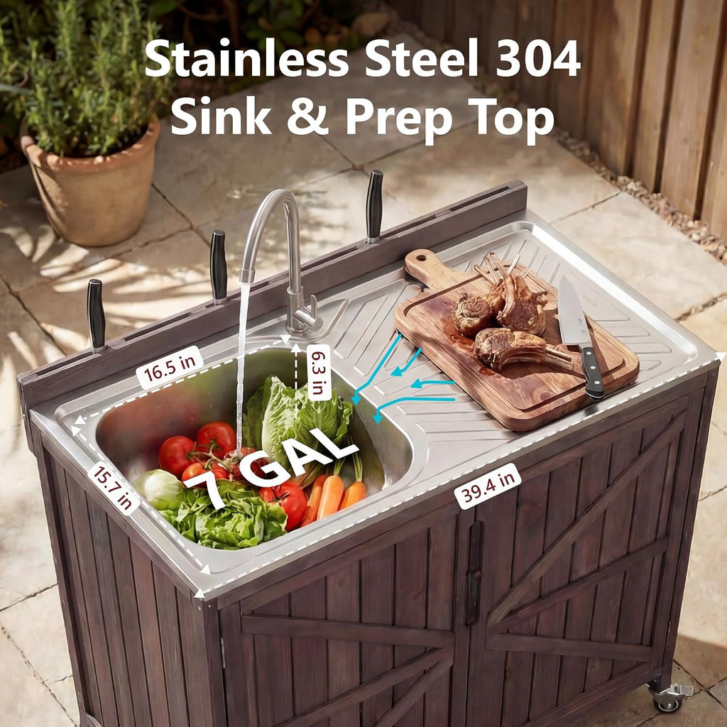 LUMISOL Outdoor Grill Cart Set with Stainless Steel Station, 2 Piece Outdoor Kitchen Island Set with Faucet, Drawer, 2 Door Shelves, Outdoor Storage Cabinet with Storage Racks & Wheels, Dark Brown