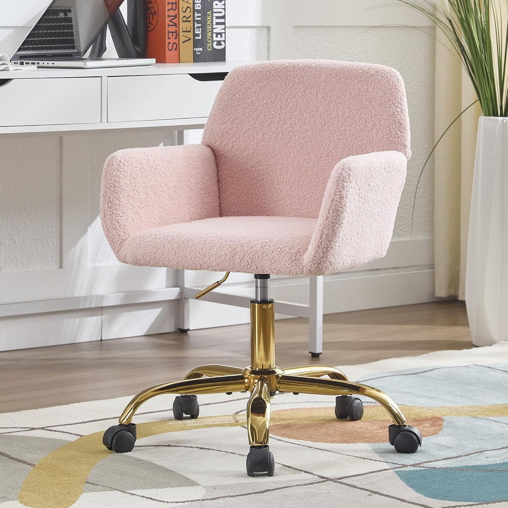KCC Faux Fur Vanity Makeup Desk Chair, Comfy Fluffy Swivel Modern Leisure Armchair with Wheels, Upholstered Fuzzy Height Adjustable for Teens Women Girls Elegant Home Office, Pink