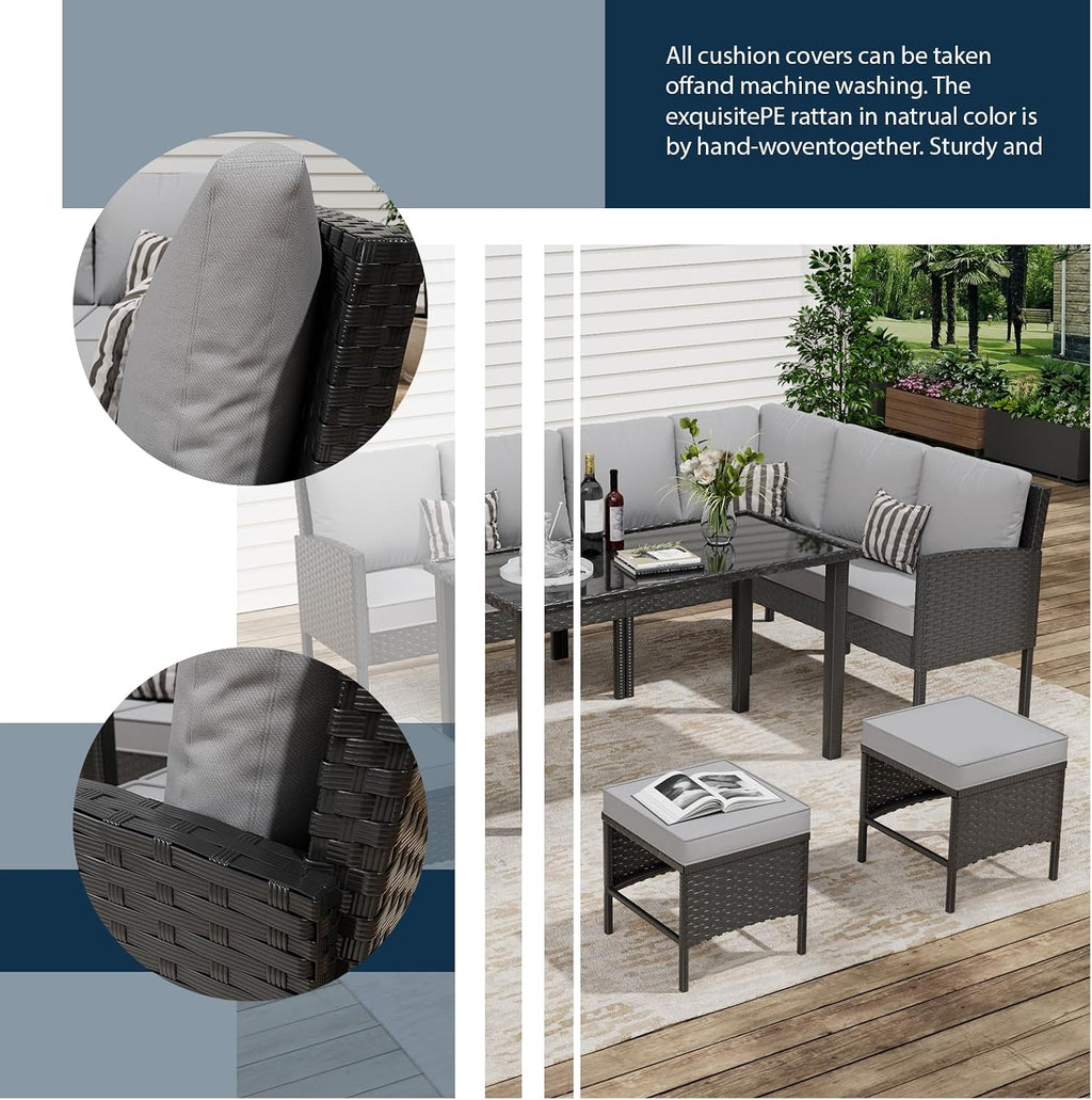 7-Piece Outdoor Patio Furniture Set, Wicker Sectional Sofa with Seat & Back Cushions & 3 Pillows, All-Weather Conversation Set with Long Glass Coffee Table for Garden, Porch, Lawn, Gray