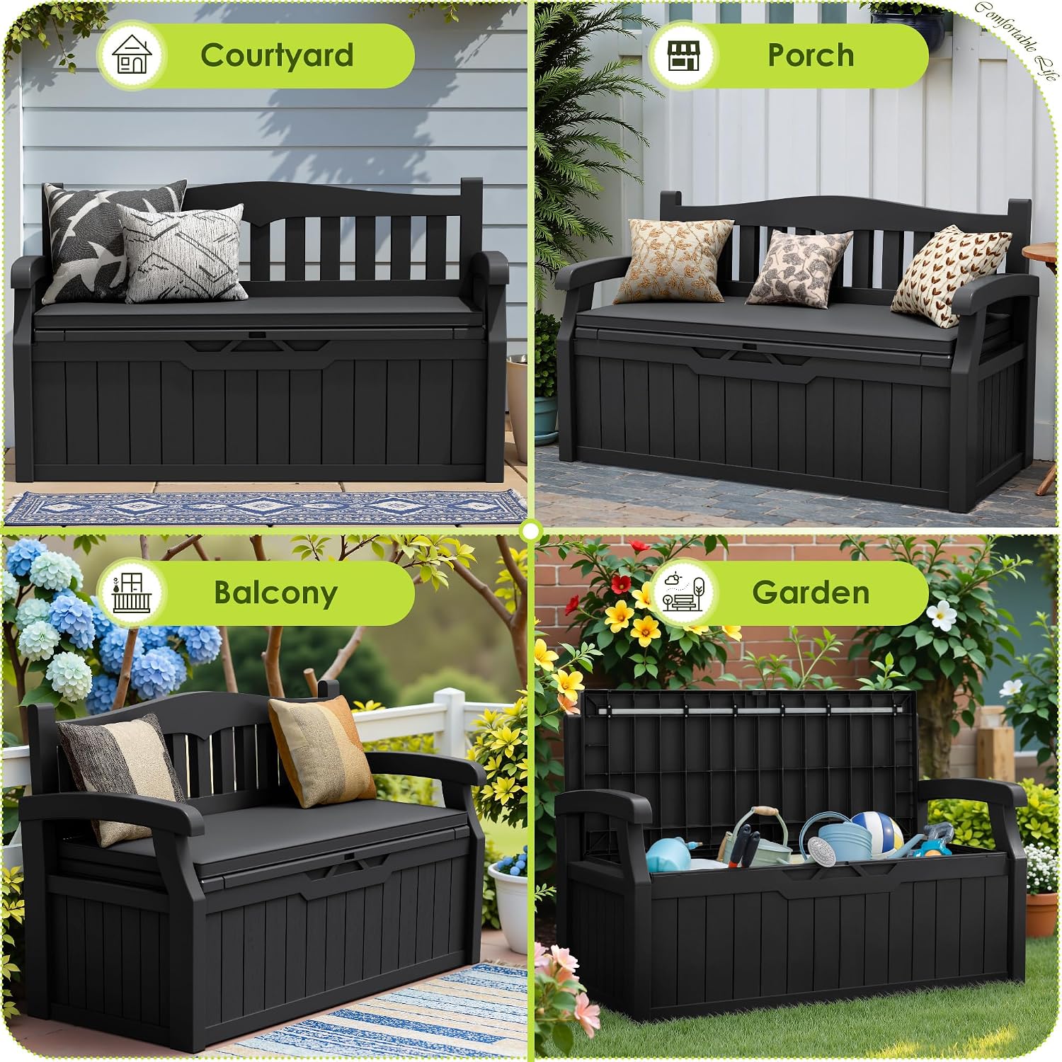 Greesum 80 Gallon Heavy-Duty Outdoor Storage Bench with Cushion, UV-Resistant Resin Bench with Armrest, Deck Box for Garden, Poolside, Patio, Black