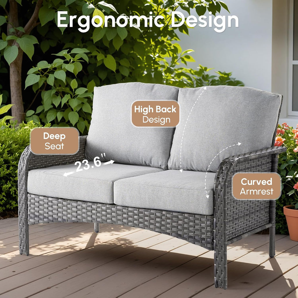 4 Pieces Wicker Patio Furniture - All-Weather PE Wicker Outdoor Conversation Bistro Set Loveseat Chairs with Table,Outdoor Rattan Sofa Chairs High Back Deep Seating,Light Grey